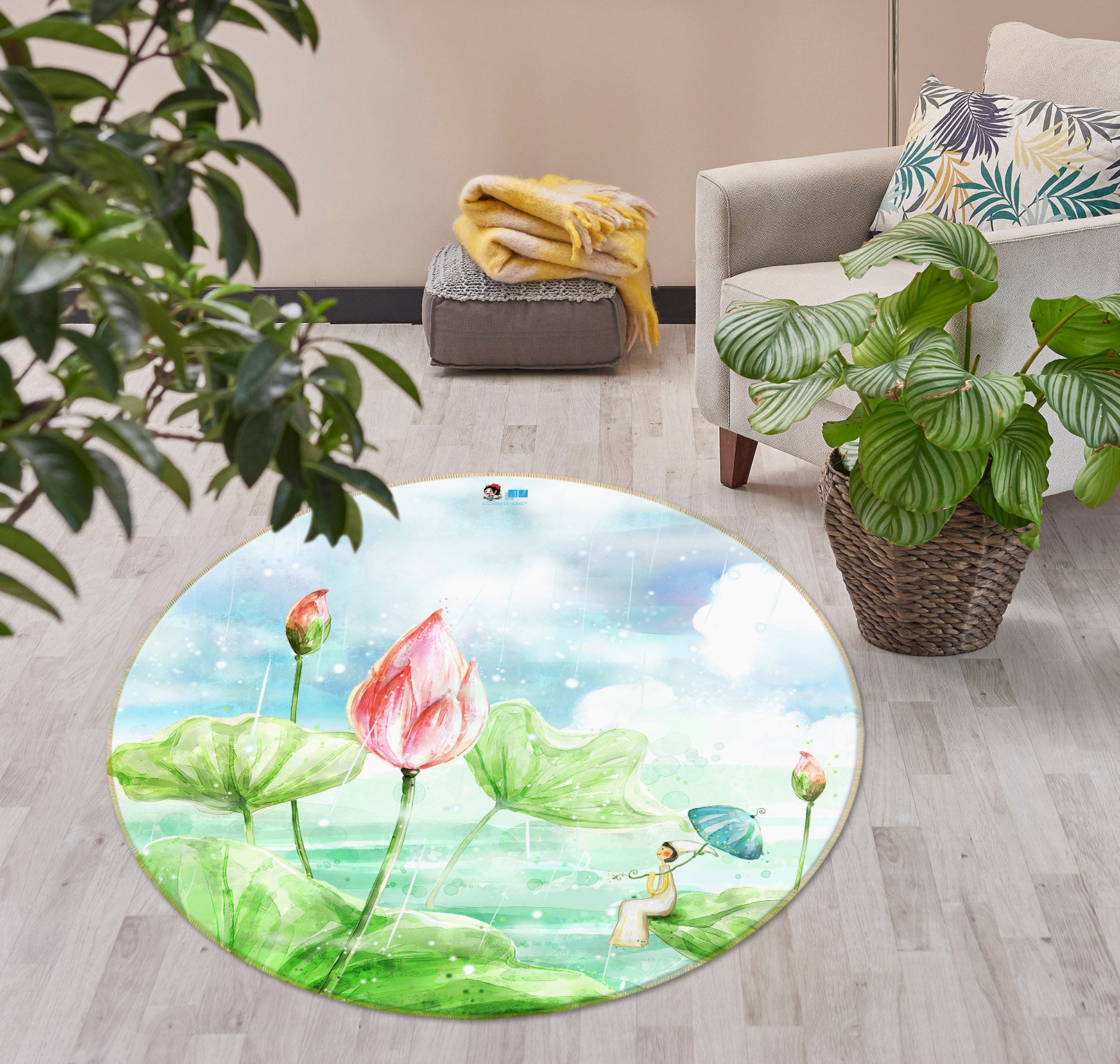 3D Watercolor Lotus 74065 Round Non Slip Rug Mat