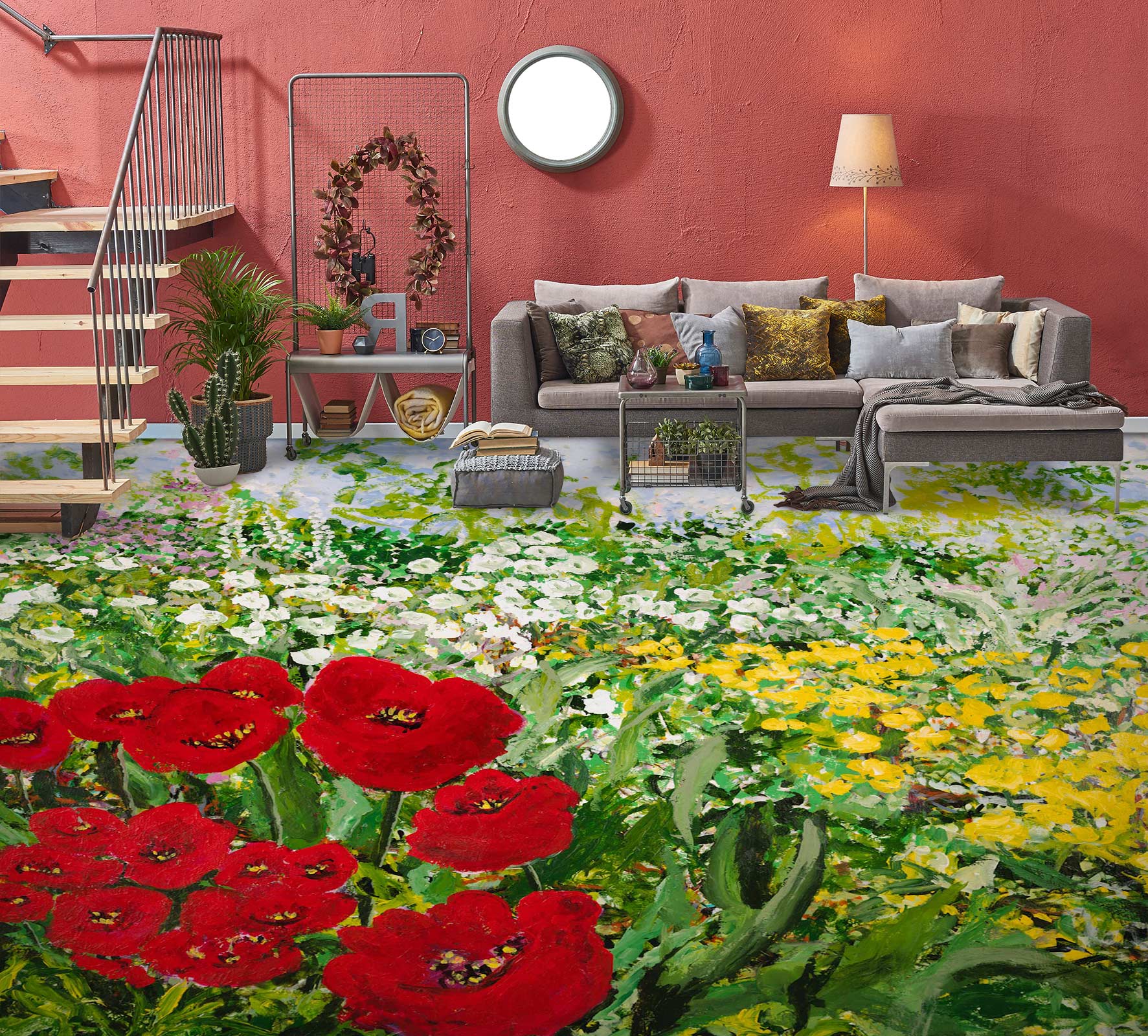 3D Red Yellow White Flowers 9692 Allan P. Friedlander Floor Mural
