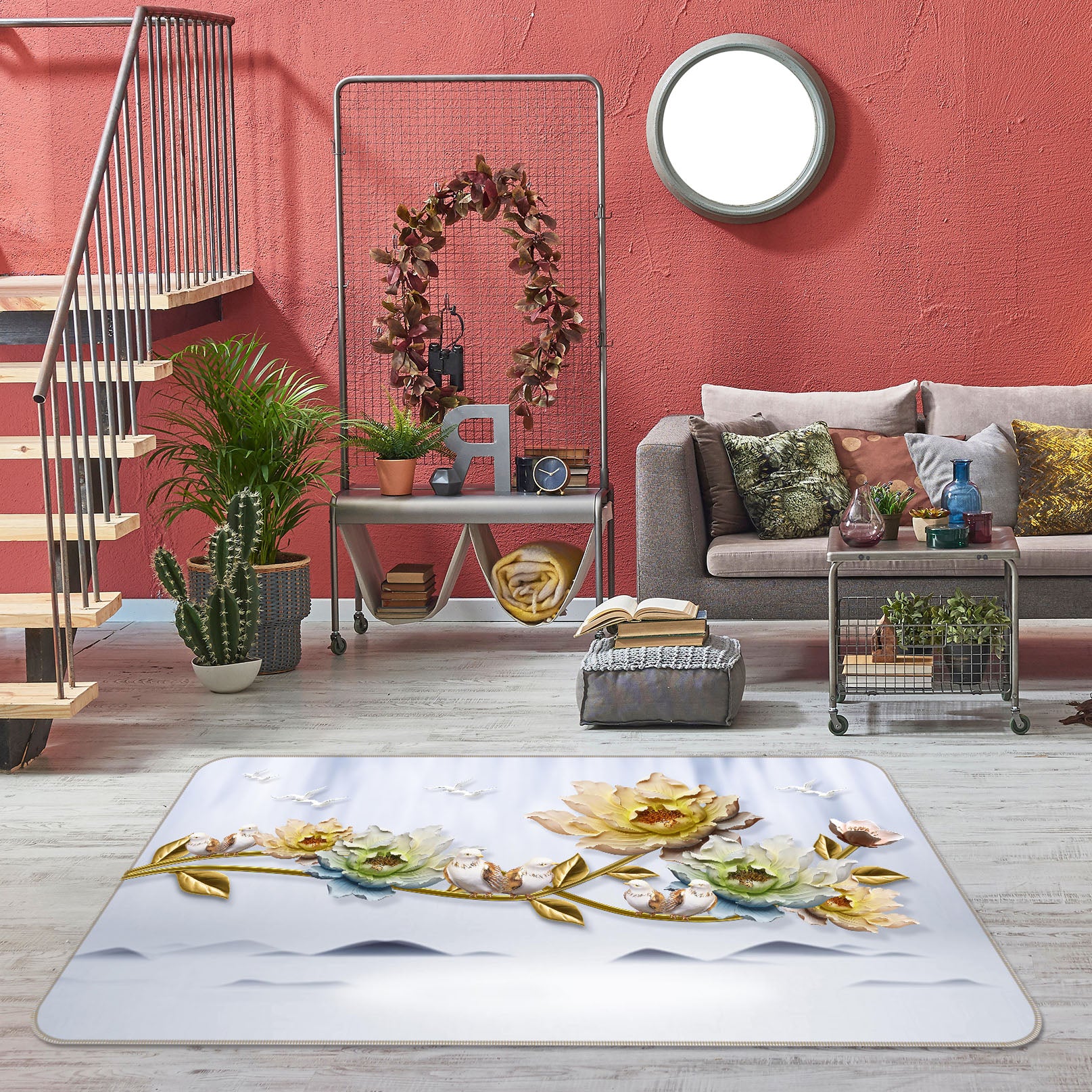 3D Golden Flower Branch 65133 Non Slip Rug Mat