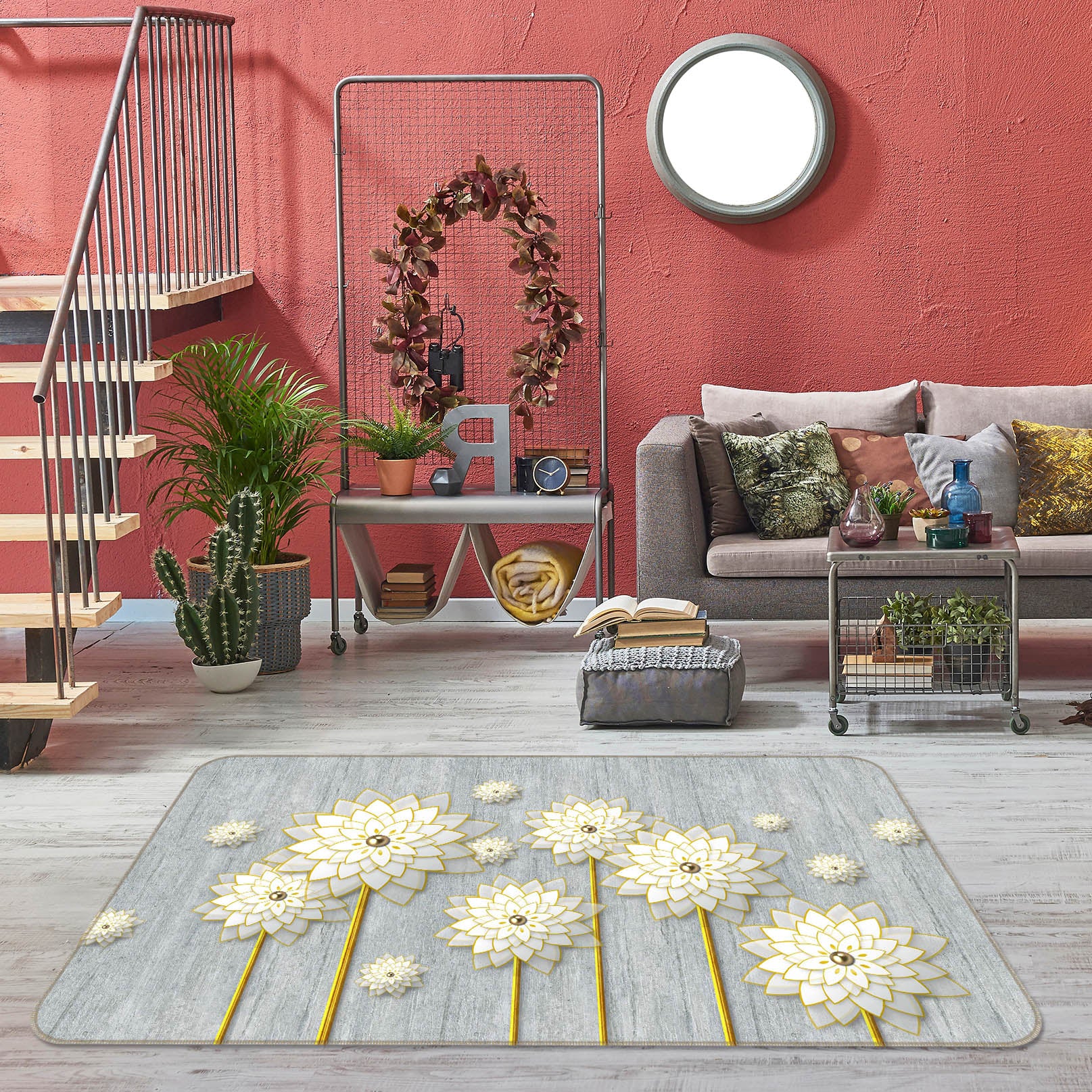 3D White Flower 65138 Non Slip Rug Mat