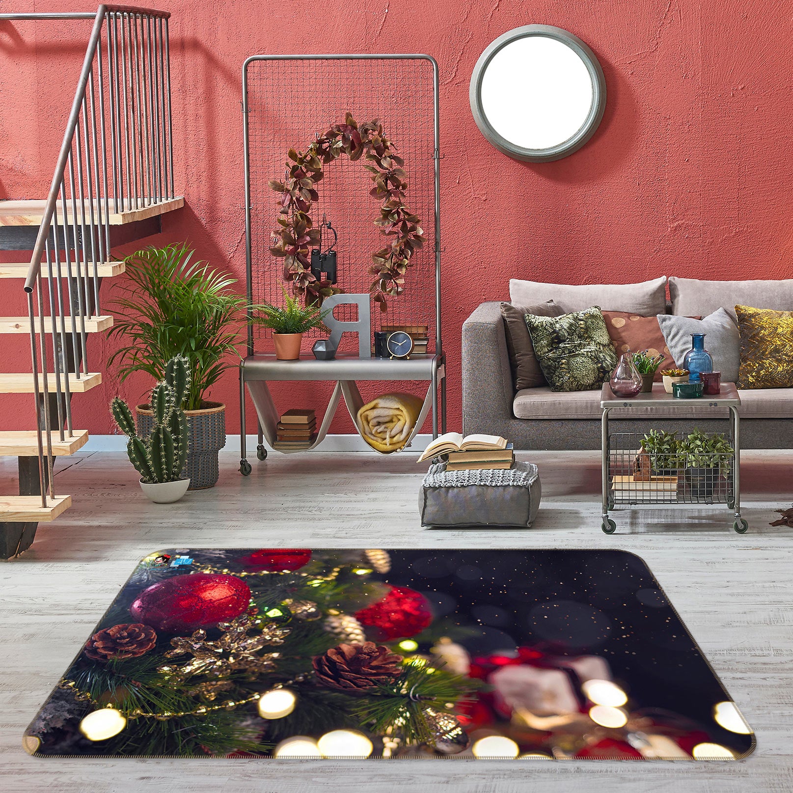 3D Tree Red Ball 55017 Christmas Non Slip Rug Mat Xmas