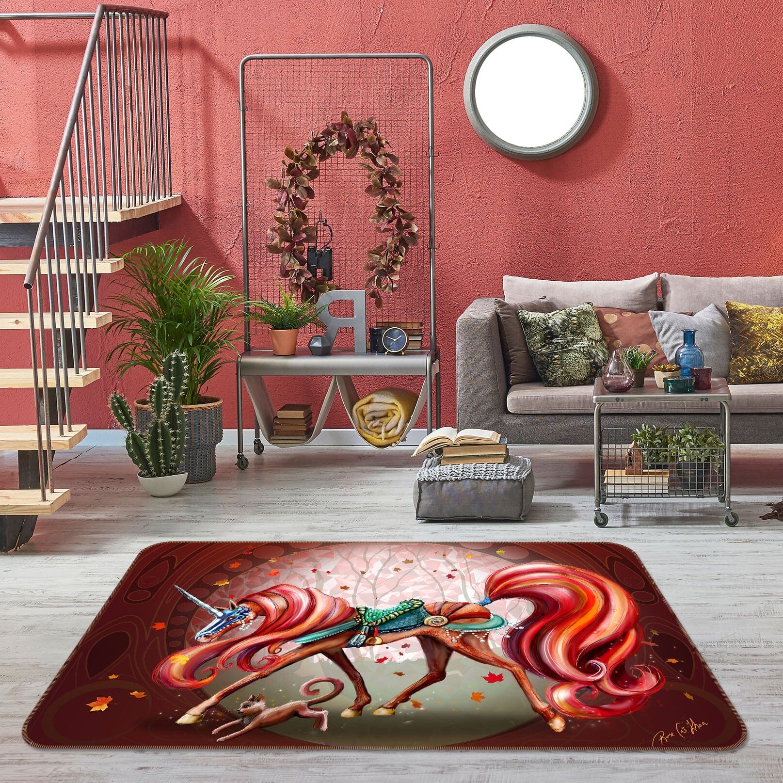 3D Red Beautiful Unicorn 1049 Rose Catherine Khan Rug Non Slip Rug Mat Mat AJ Creativity Home 