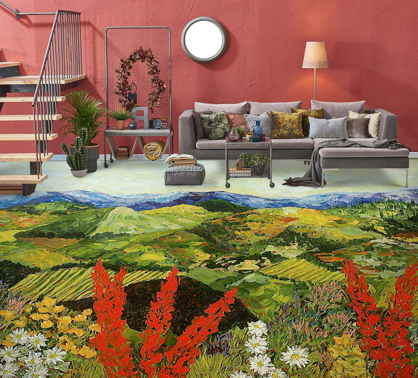 3D Green Hillside Red Flowers 9542 Allan P. Friedlander Floor Mural