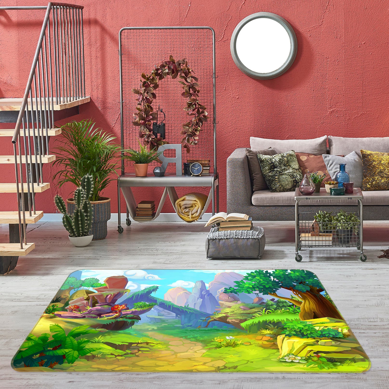 3D Cartoon Mountain Tree 77137 Non Slip Rug Mat