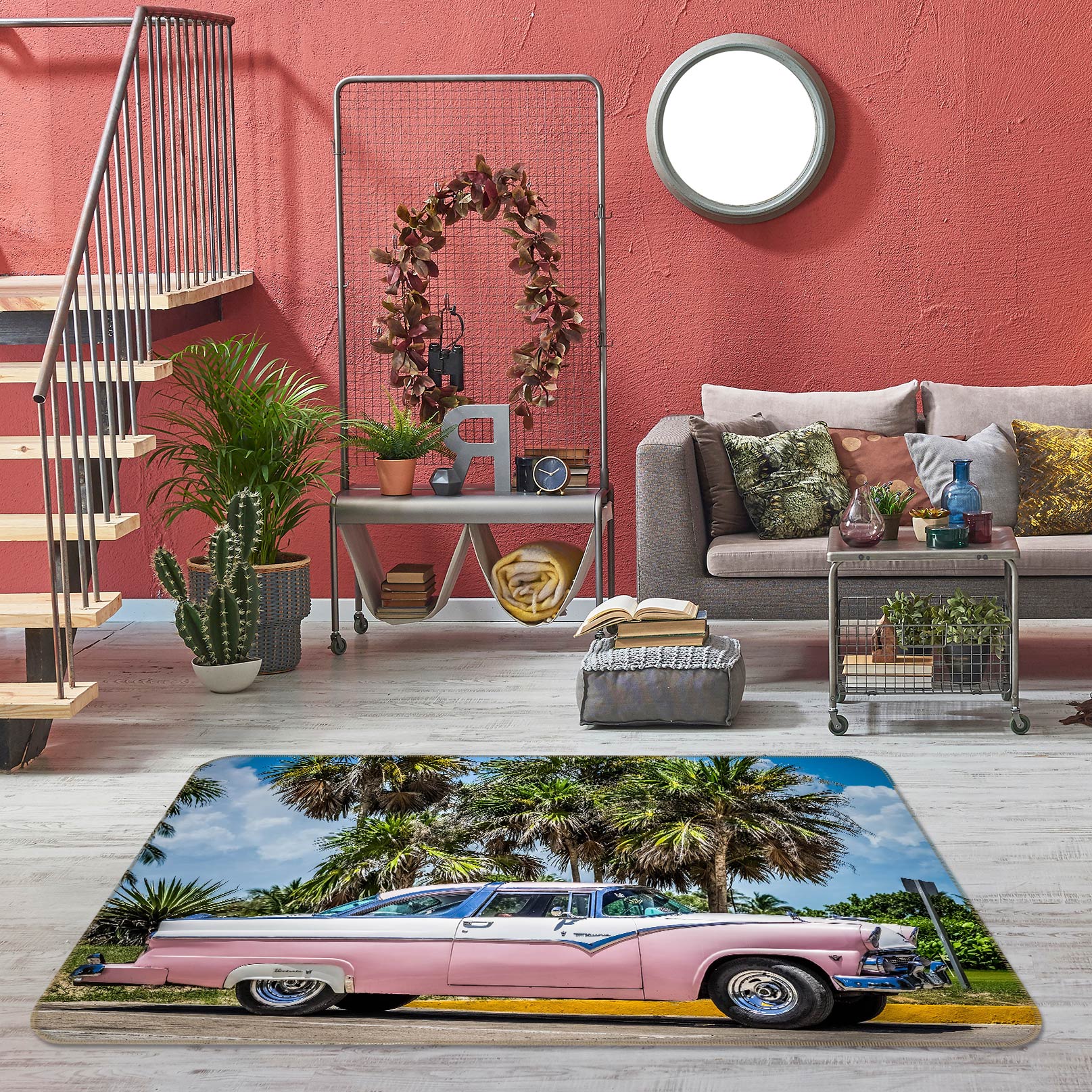 3D Coconut Tree Pink Car 67227 Vehicle Non Slip Rug Mat