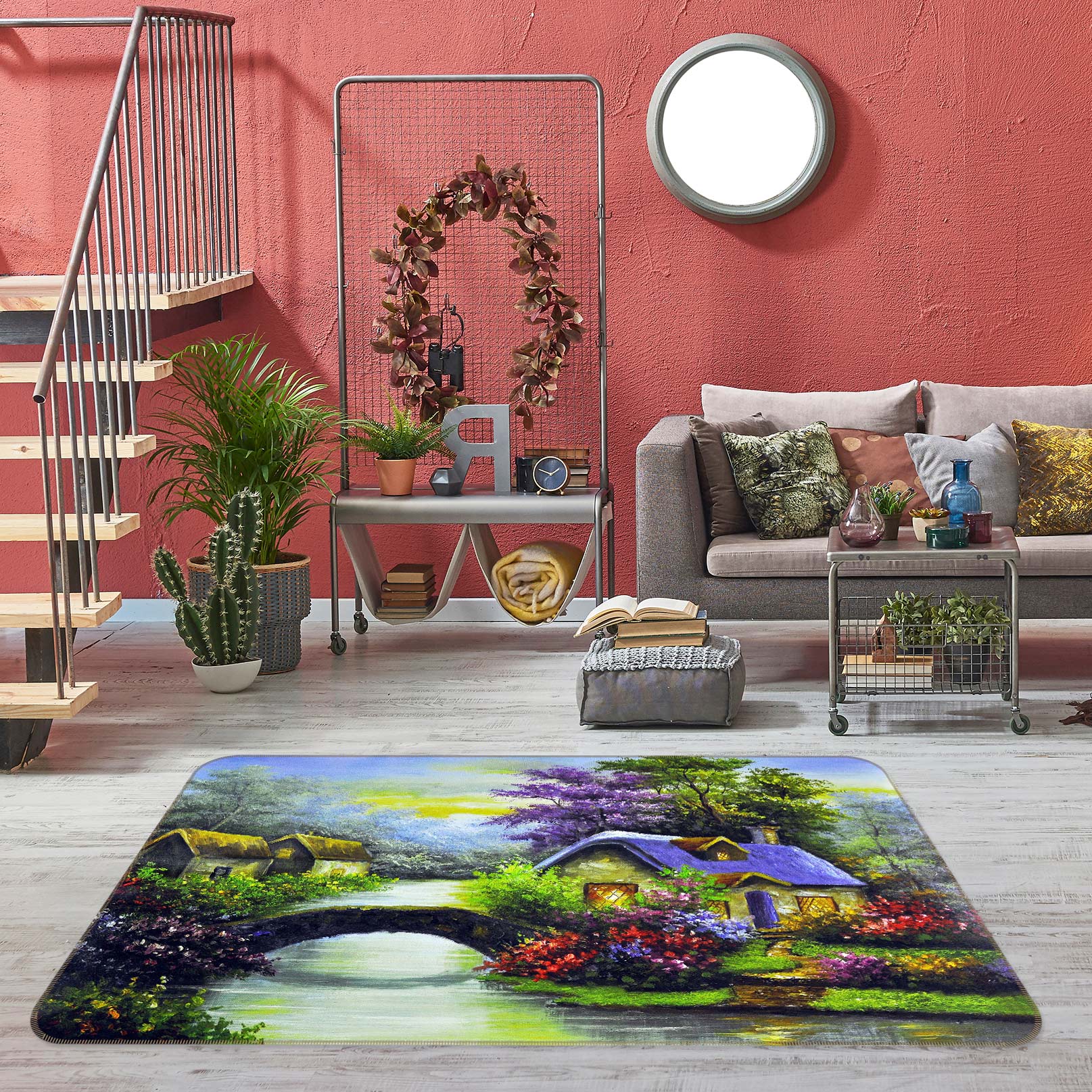 3D Flower Bush House Bridge 75287 Non Slip Rug Mat