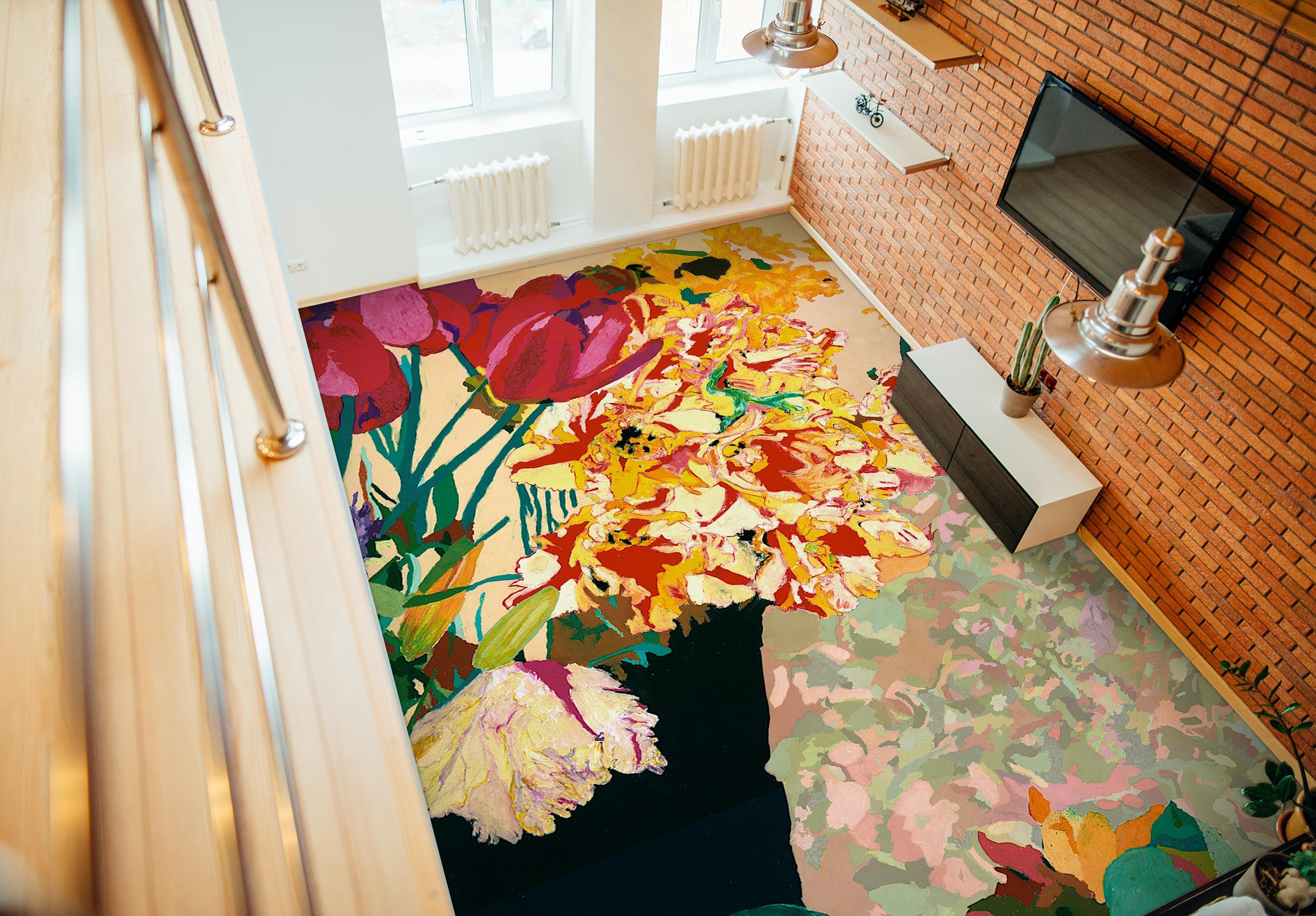 3D Red Gold Flowers 96123 Allan P. Friedlander Floor Mural