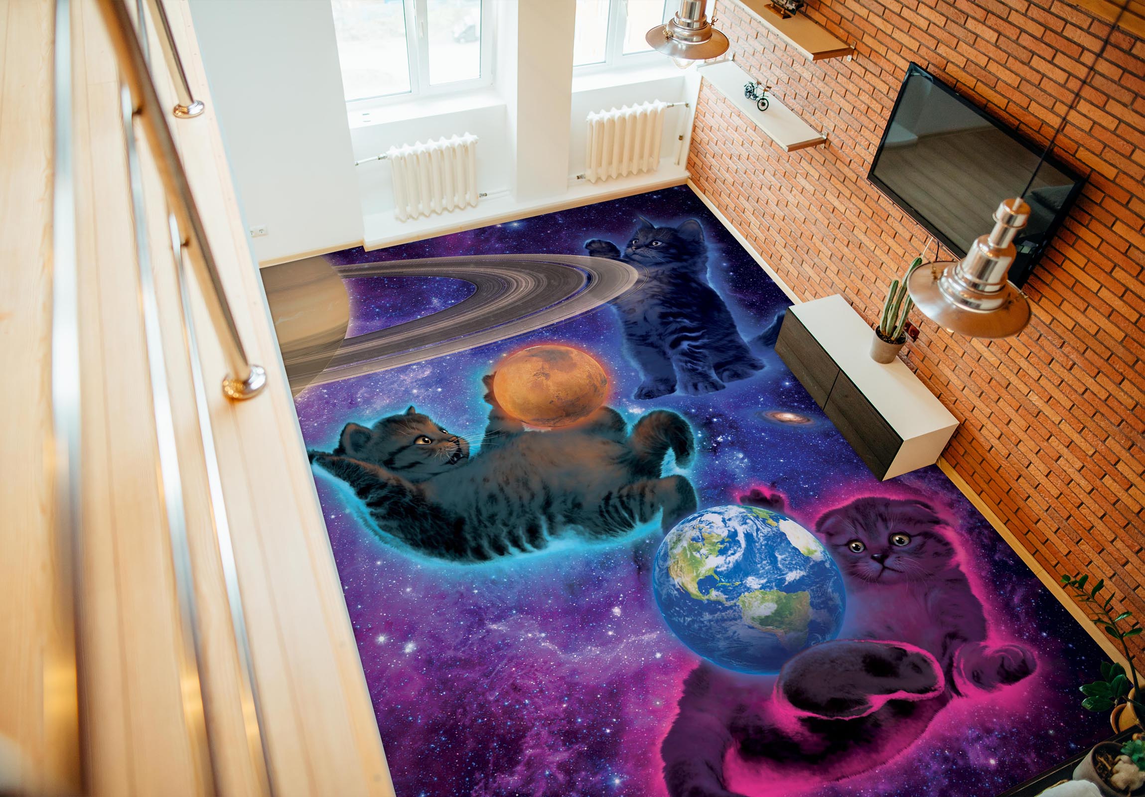 3D Cat Space Planet 98177 Vincent Floor Mural