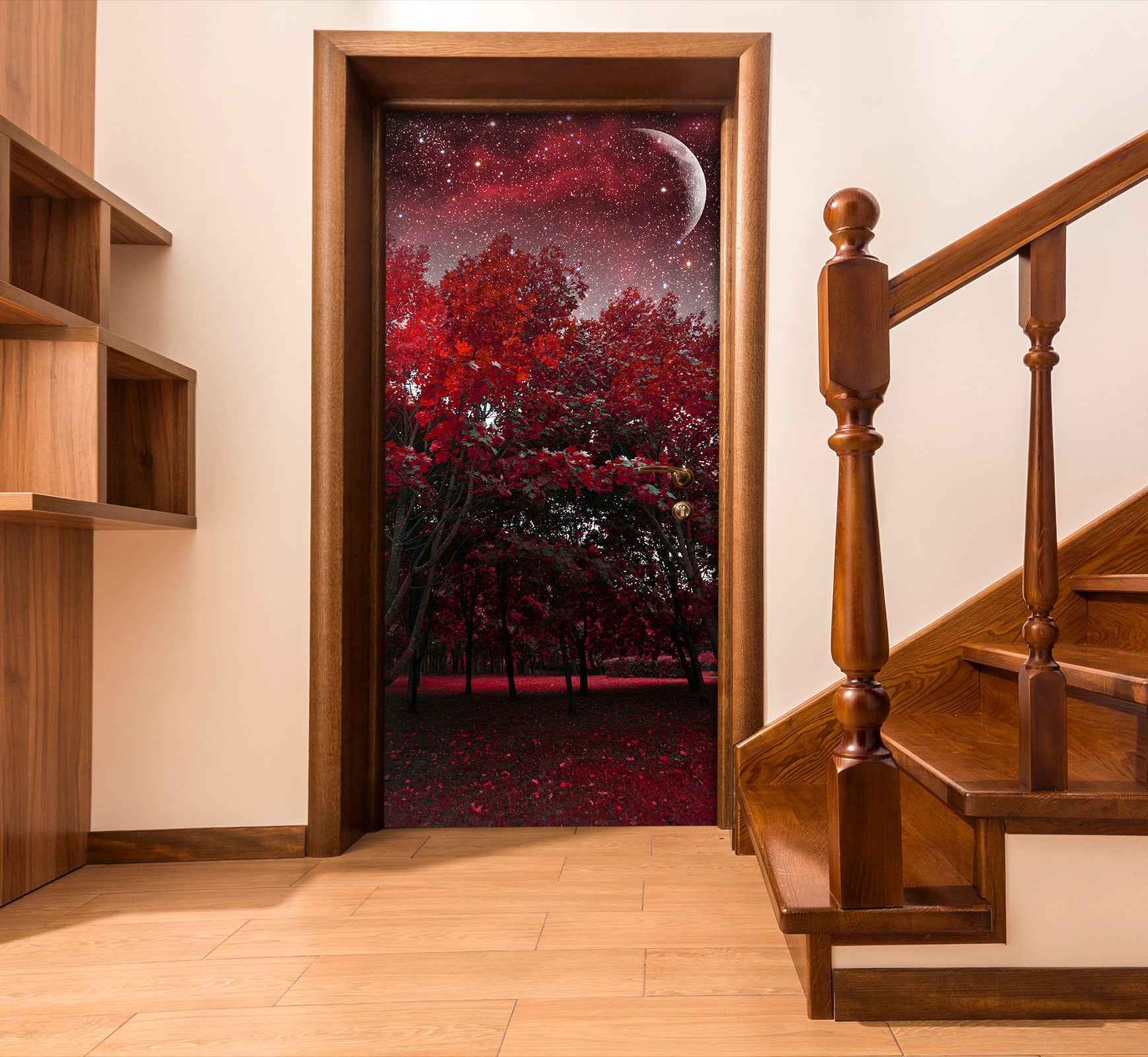 3D Red Forest Moon 030 Door Mural