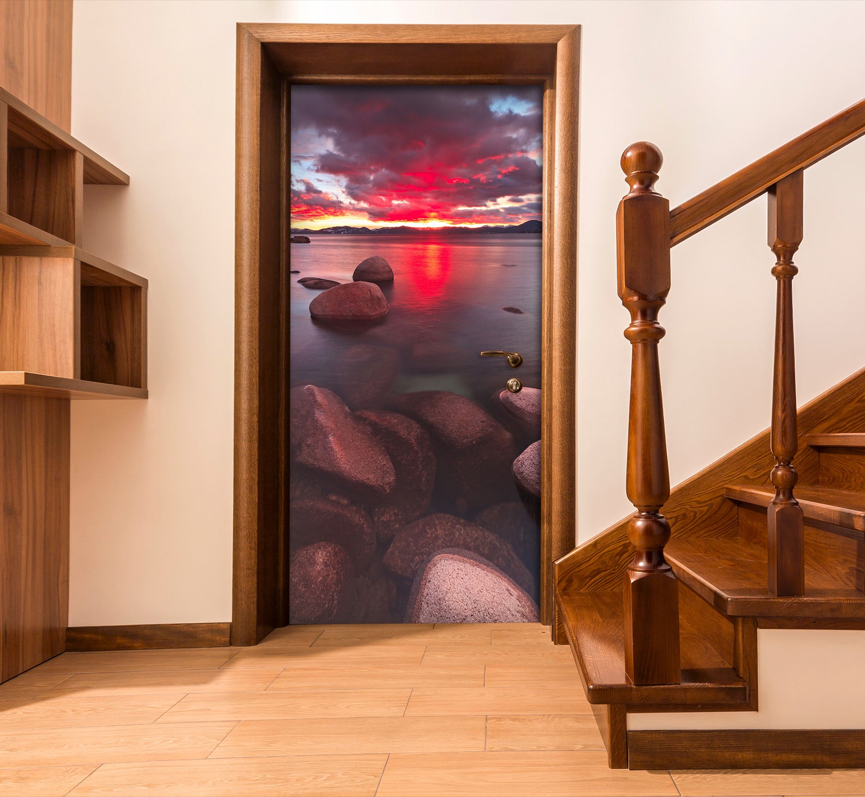 3D Red Sky Sea 124 Door Mural