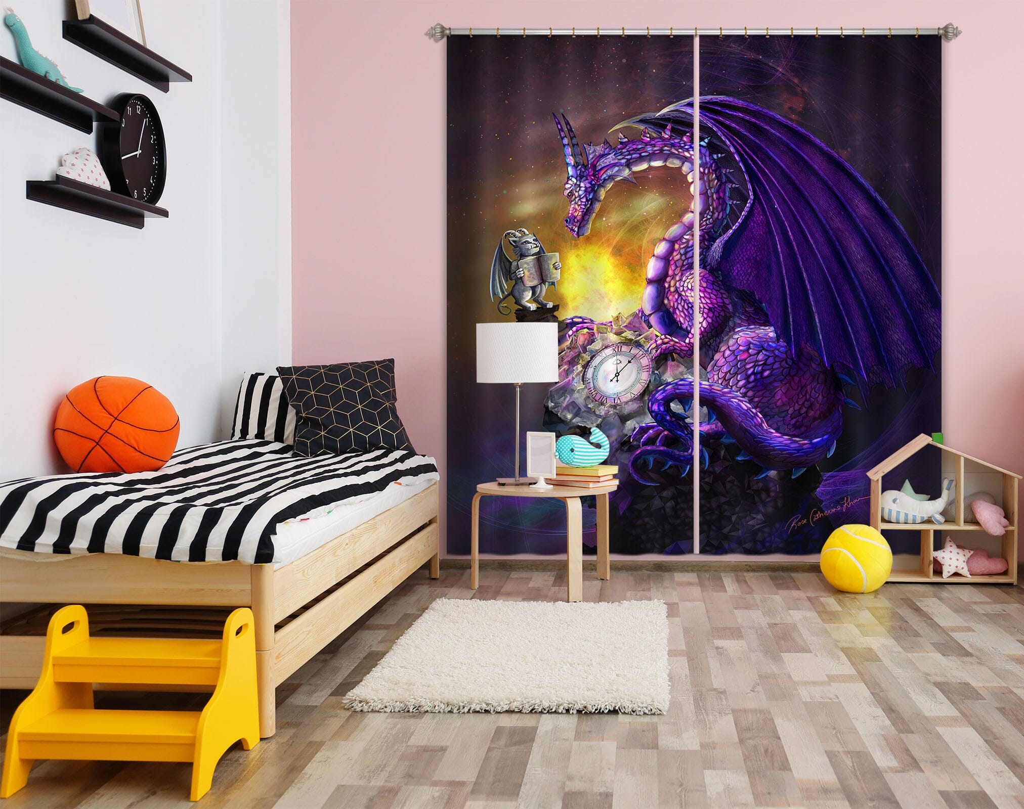 3D Dragon Clock 125 Rose Catherine Khan Curtain Curtains Drapes Curtains AJ Creativity Home 