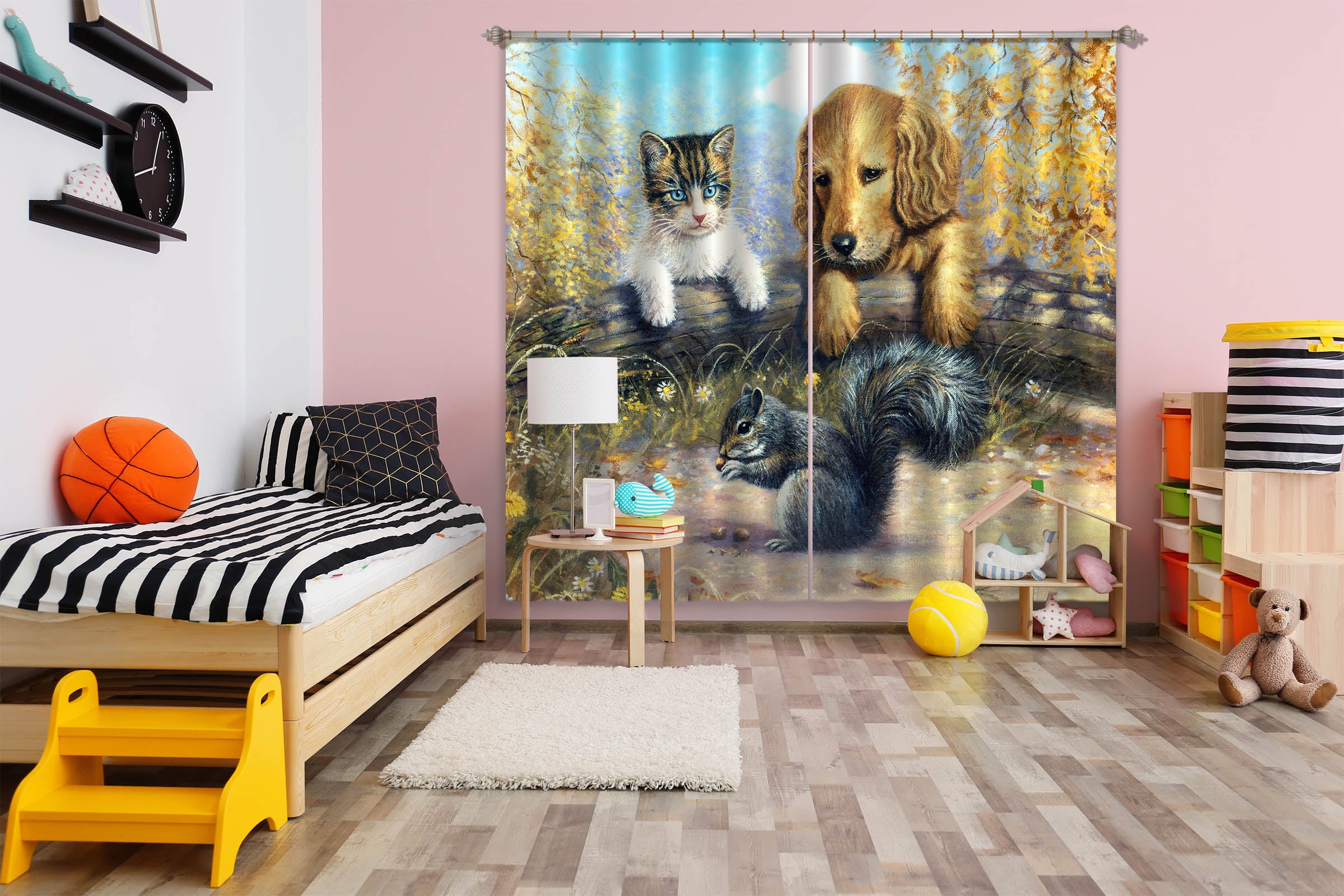 3D Squirrel Dog 132 Kevin Walsh Curtain Curtains Drapes