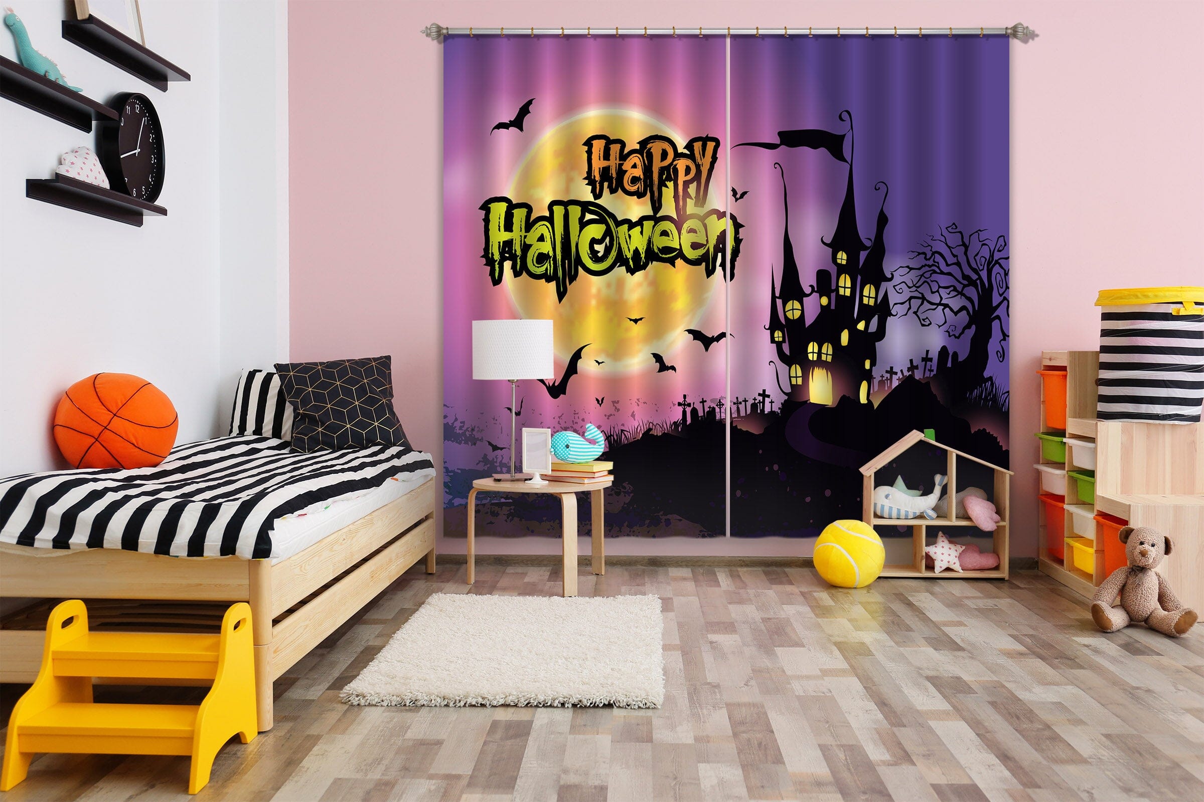 3D Moon Haunted House 023 Halloween Curtains Drapes Curtains AJ Creativity Home 