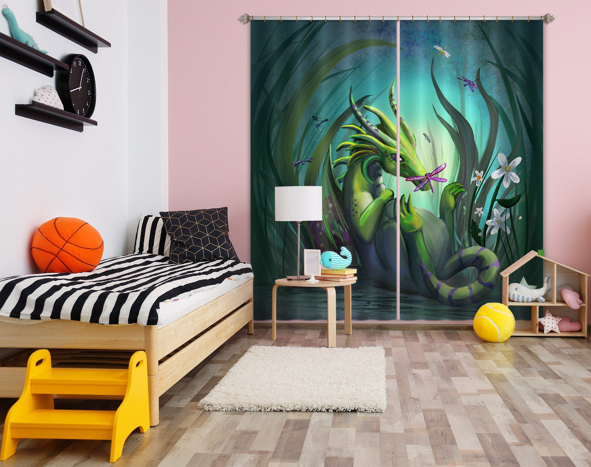 3D Green Dragon 102 Rose Catherine Khan Curtain Curtains Drapes Curtains AJ Creativity Home 