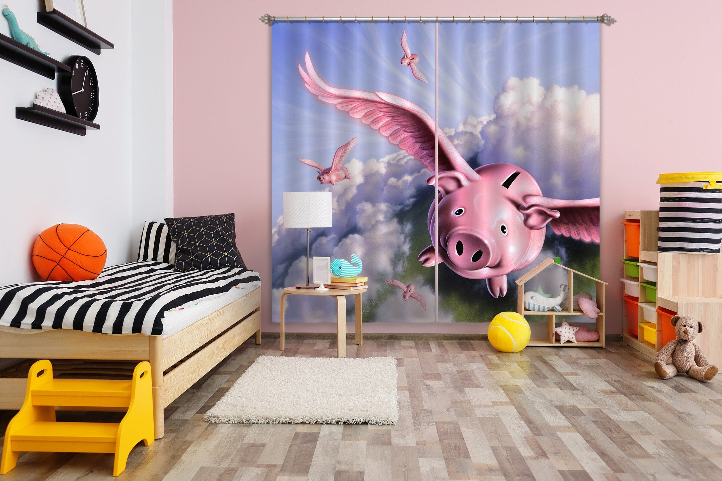 3D Flying Pig 072 Jerry LoFaro Curtain Curtains Drapes Curtains AJ Creativity Home 