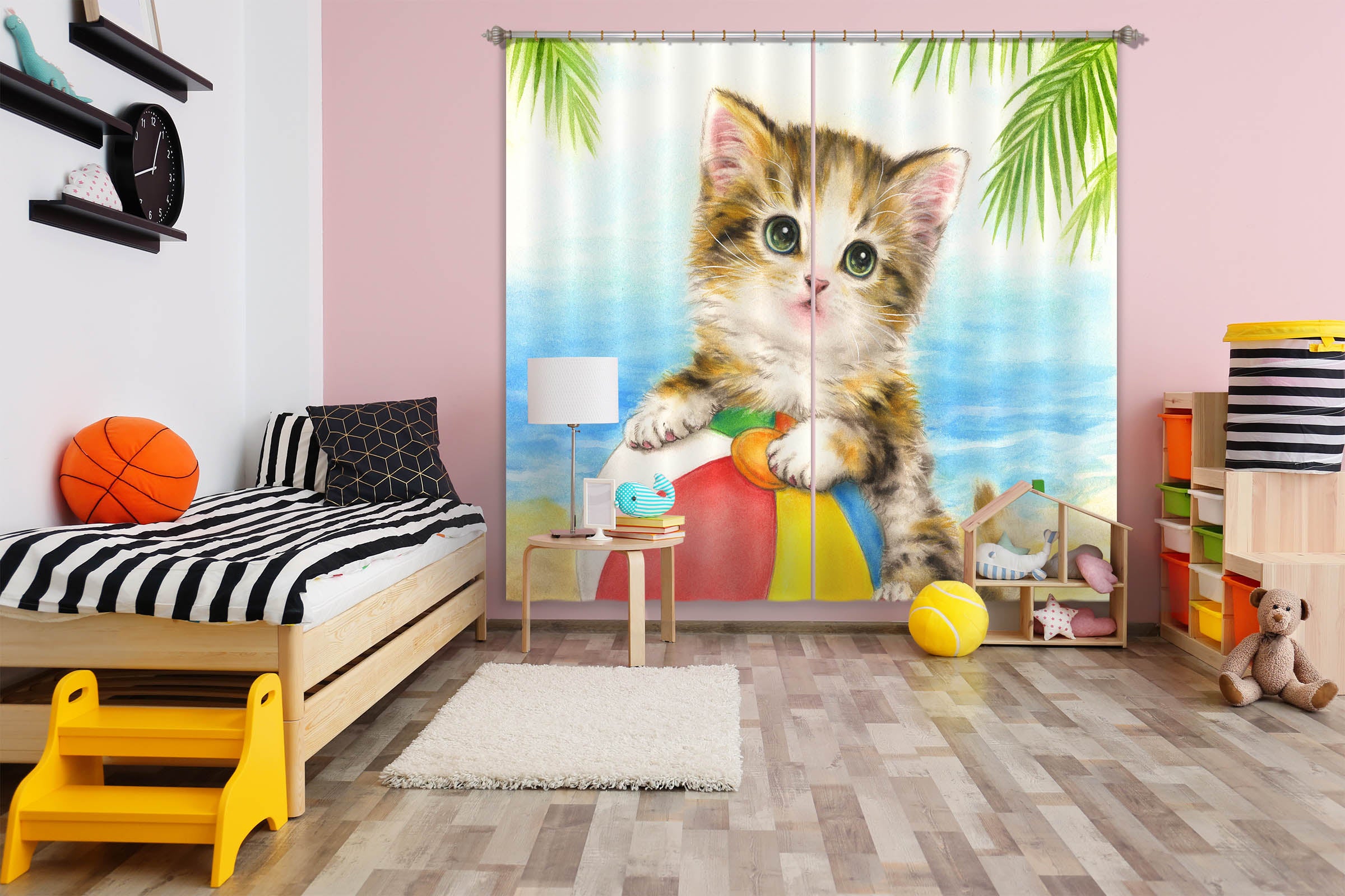 3D Beach Cat Ball 9012 Kayomi Harai Curtain Curtains Drapes
