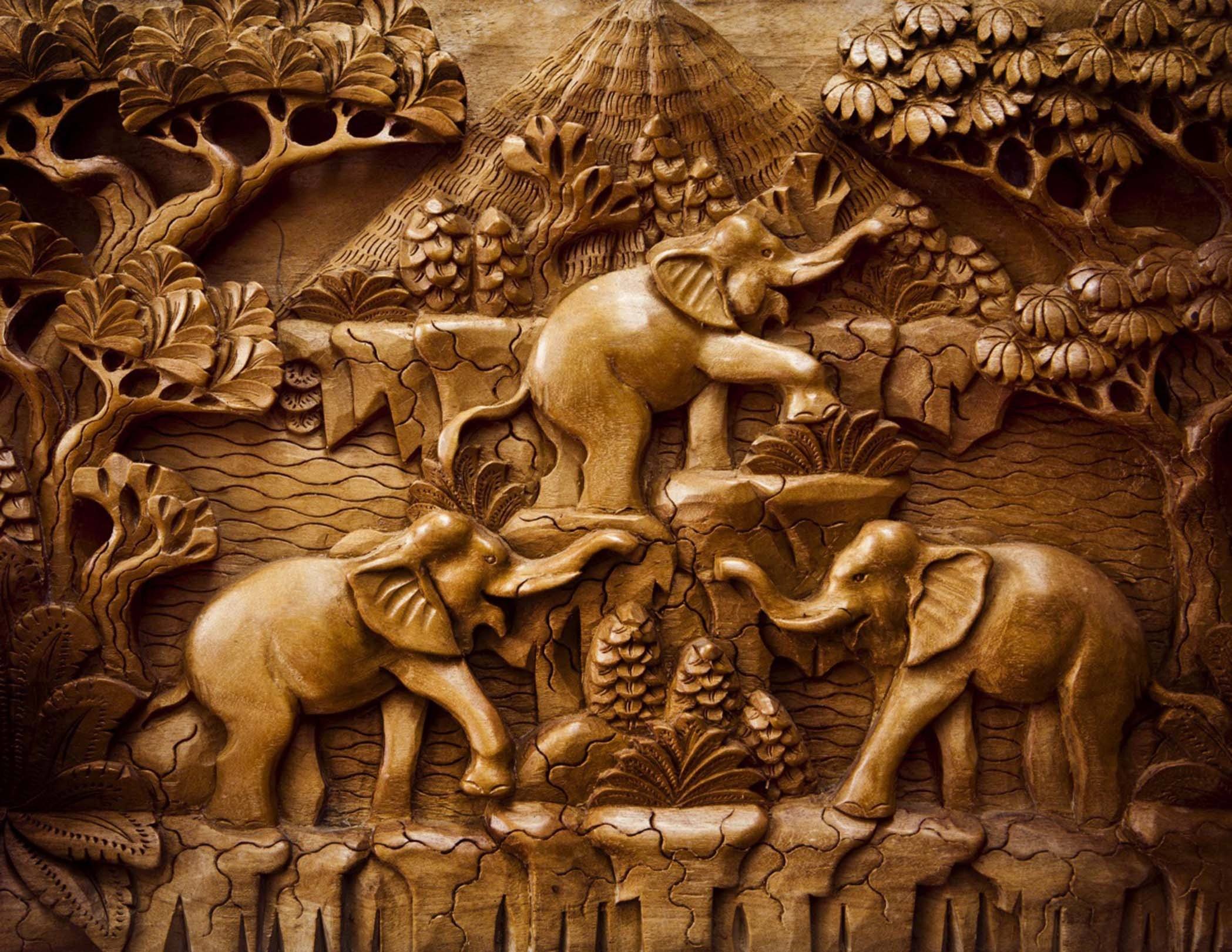 3D Elephants Wood Carvings 427 Garage Door Mural Wallpaper AJ Wallpaper 