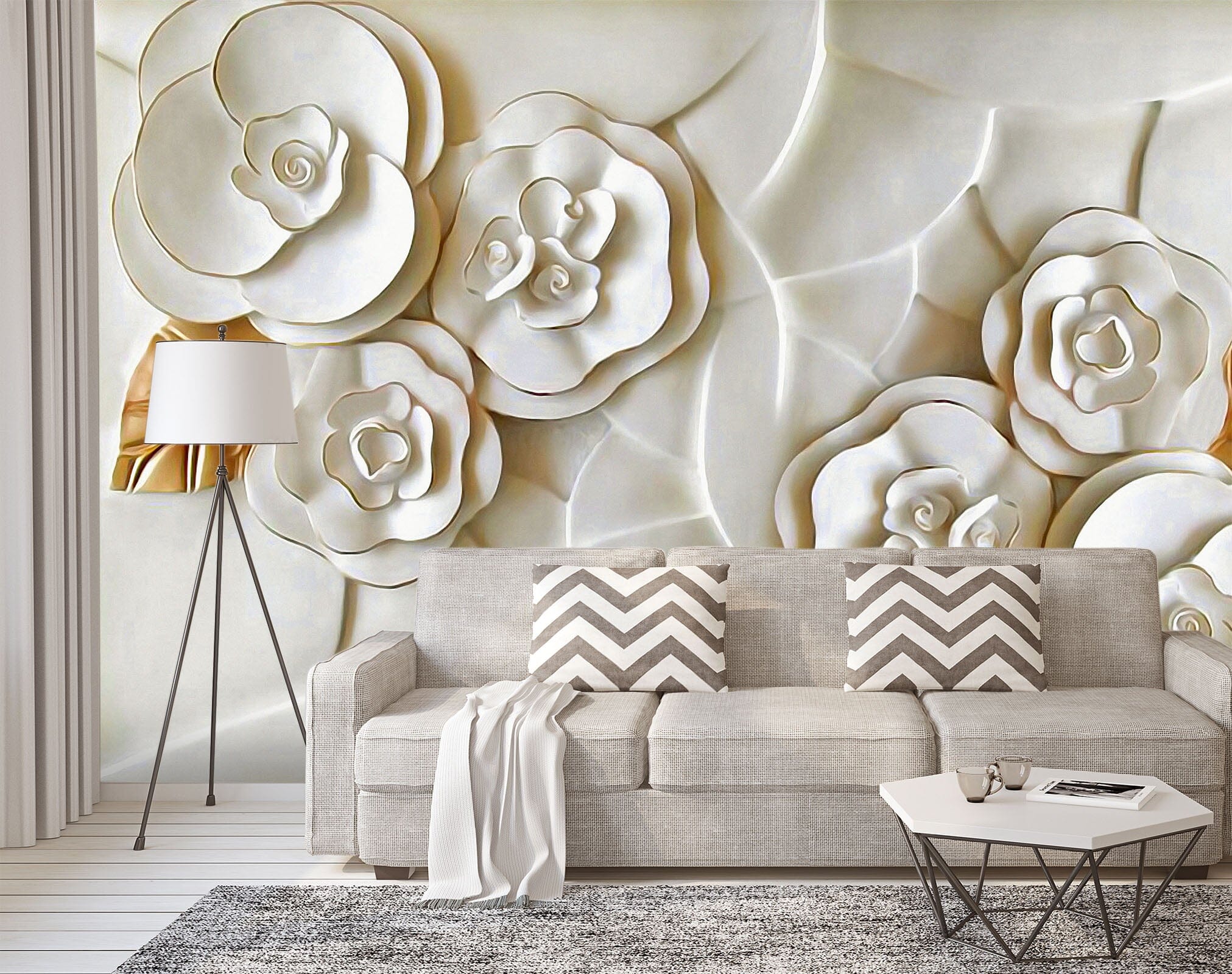 3D Embossed White Flower 017 Wall Murals Wallpaper AJ Wallpaper 2 