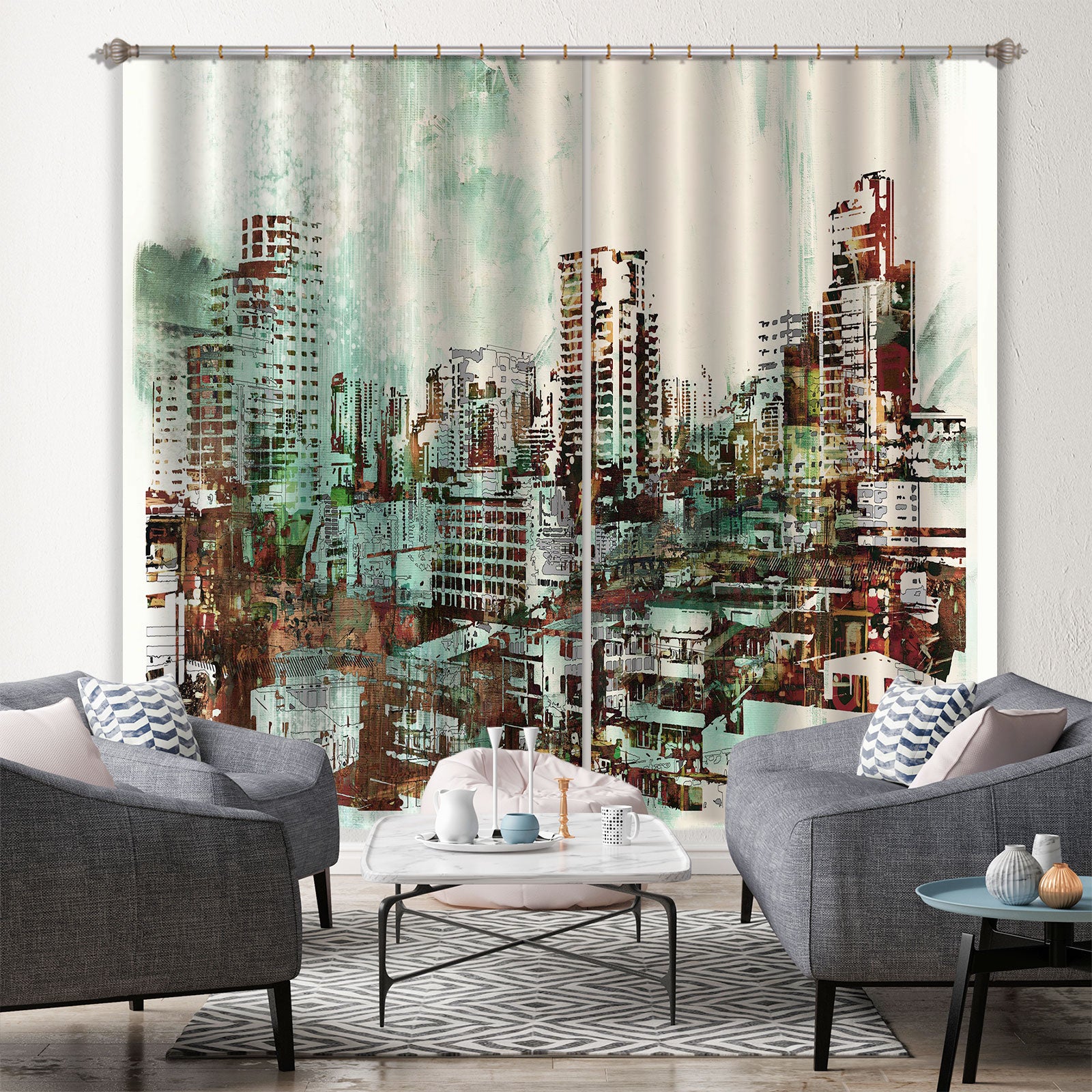 3D Green City Painting 029 Curtains Drapes
