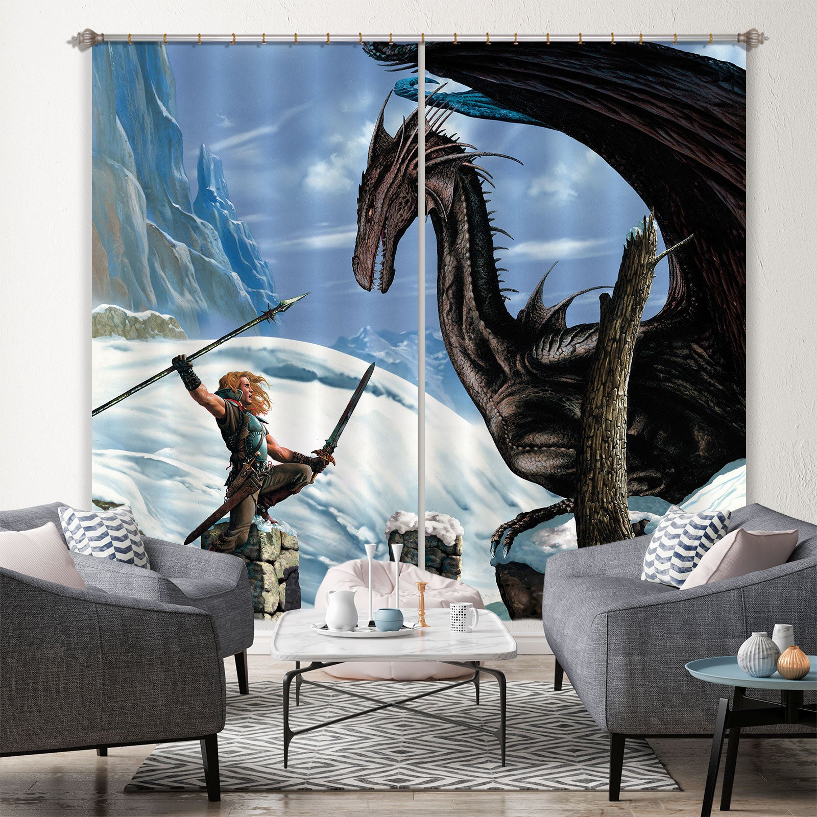 3D Battle Dragon 7155 Ciruelo Curtain Curtains Drapes