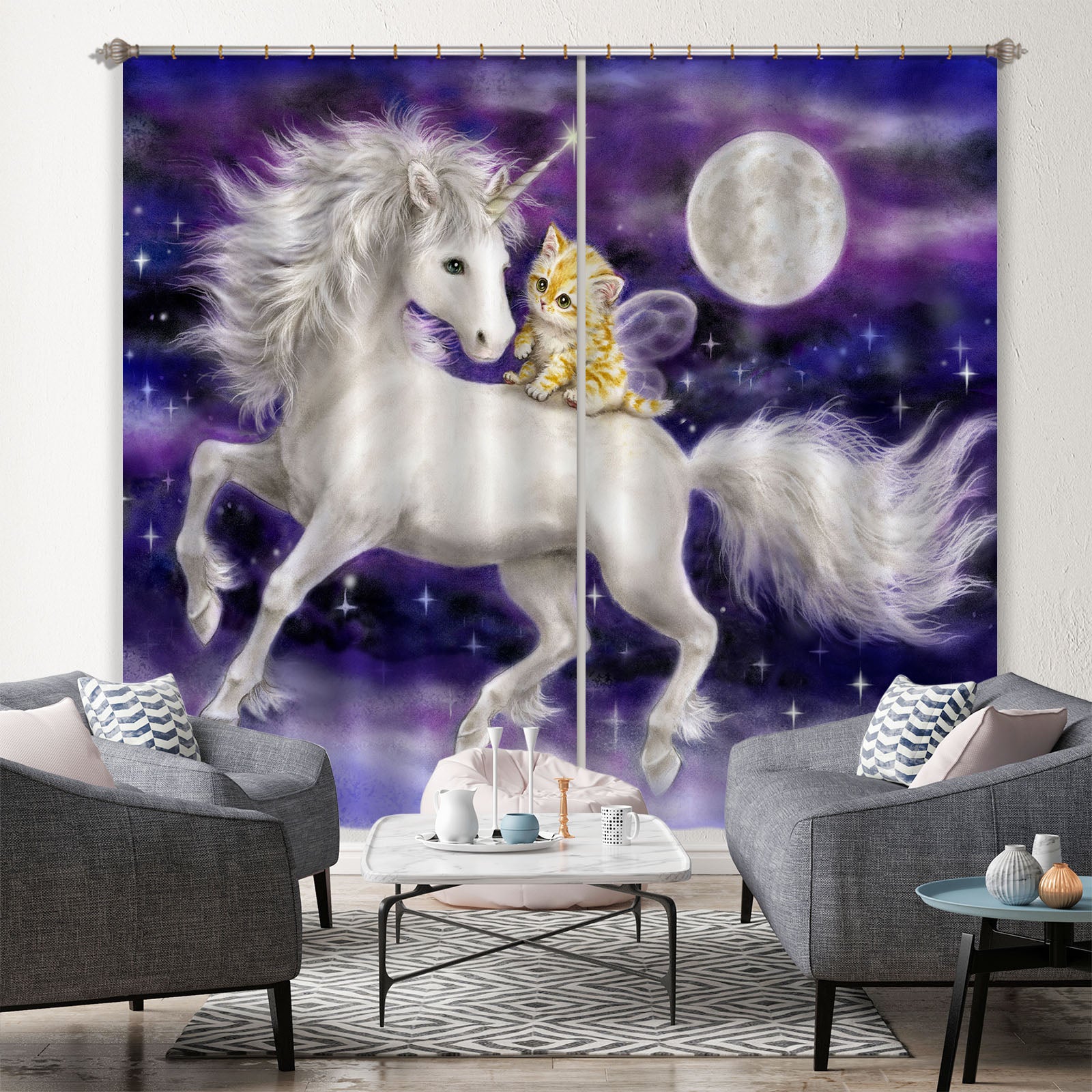 3D Unicorn Cat 9073 Kayomi Harai Curtain Curtains Drapes