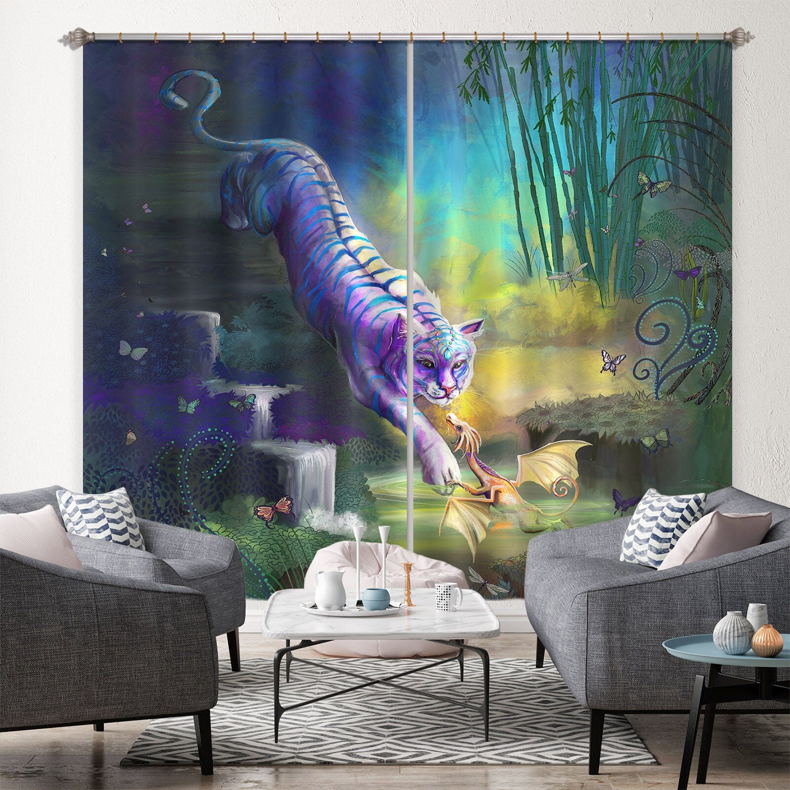 3D White Tiger 123 Rose Catherine Khan Curtain Curtains Drapes Curtains AJ Creativity Home 