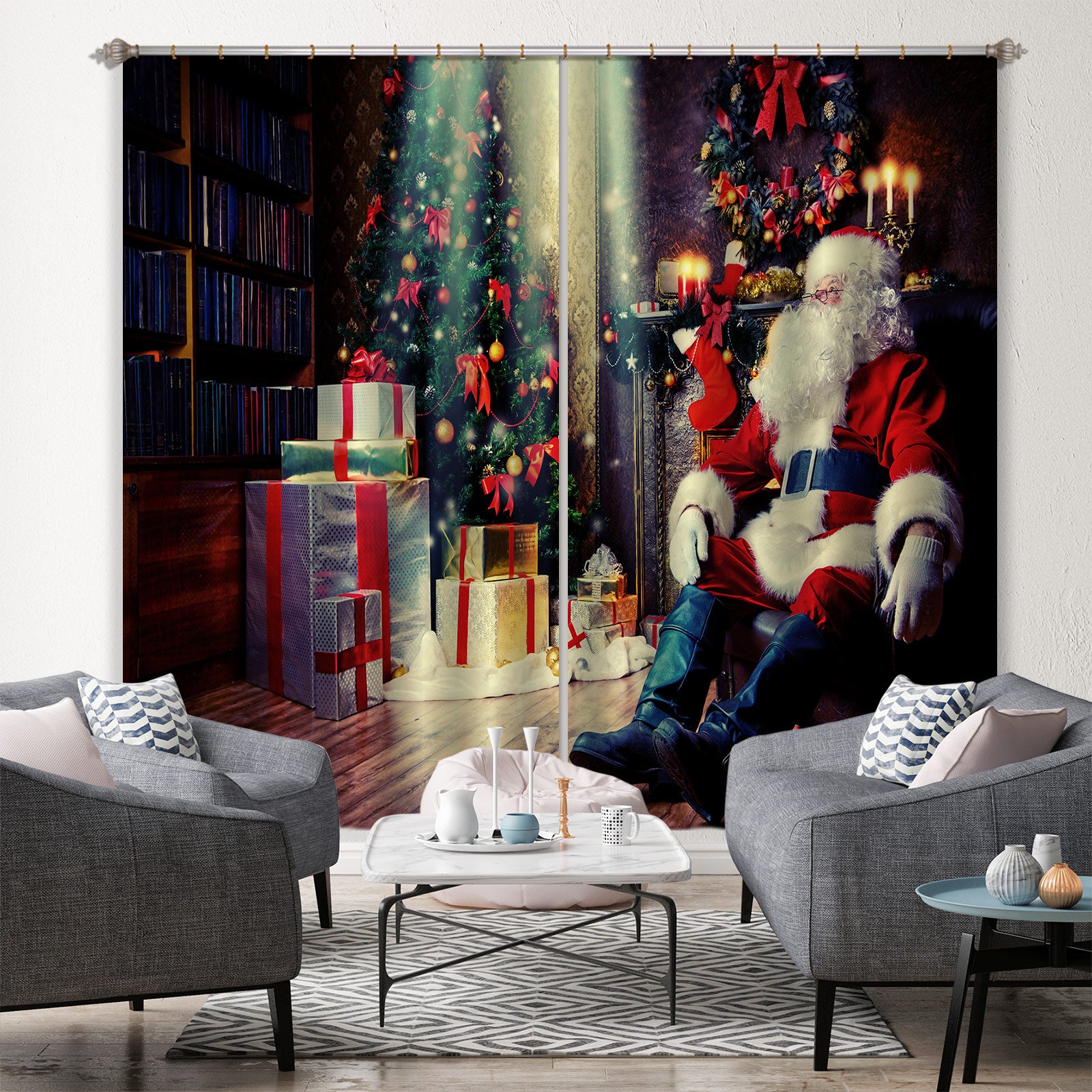 3D Santa Claus Gift Tree 52015 Christmas Curtains Drapes Xmas