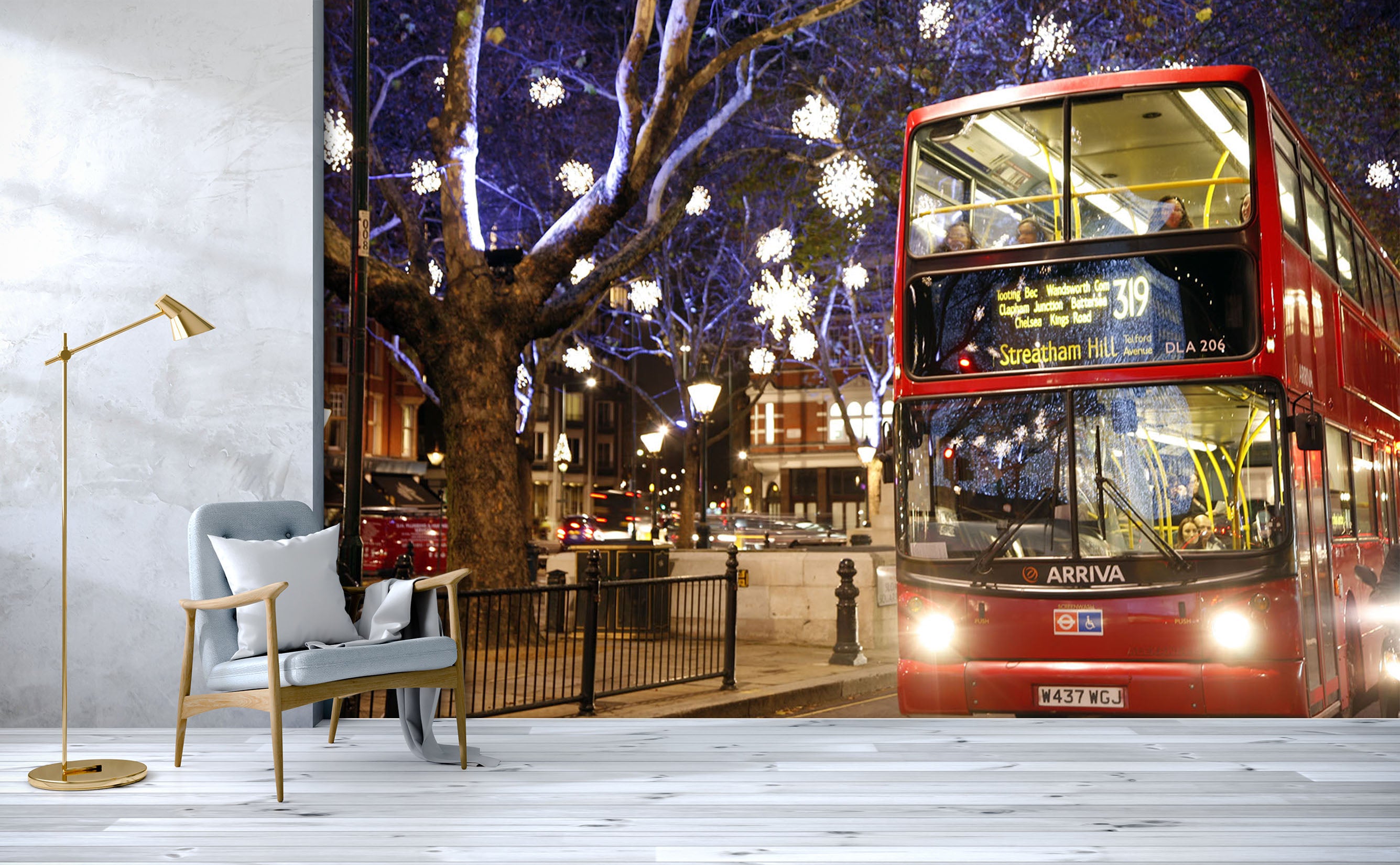 3D Night Red Bus 301 Vehicle Wall Murals