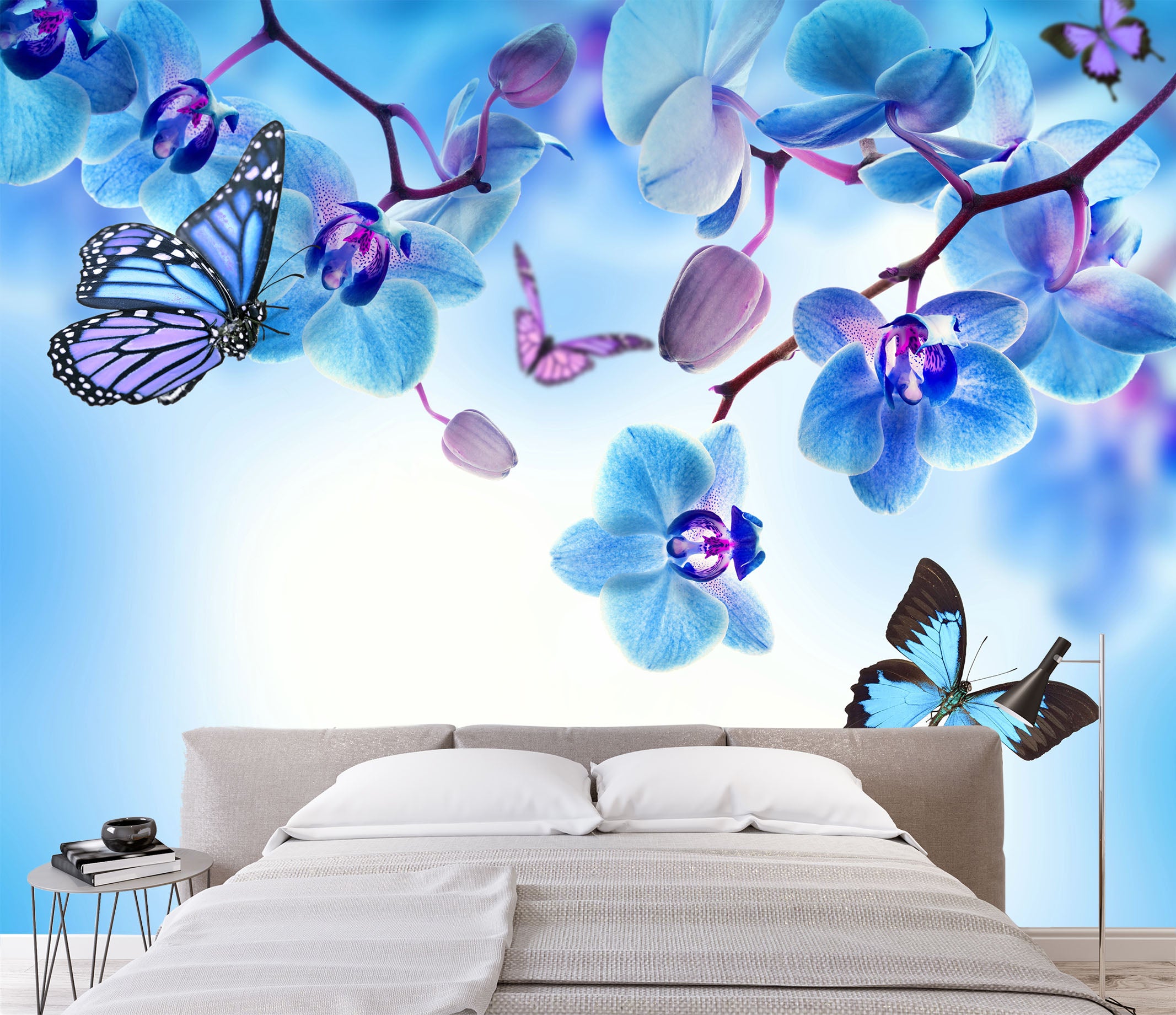 3D Blue Flower Butterfly 398 Wall Murals