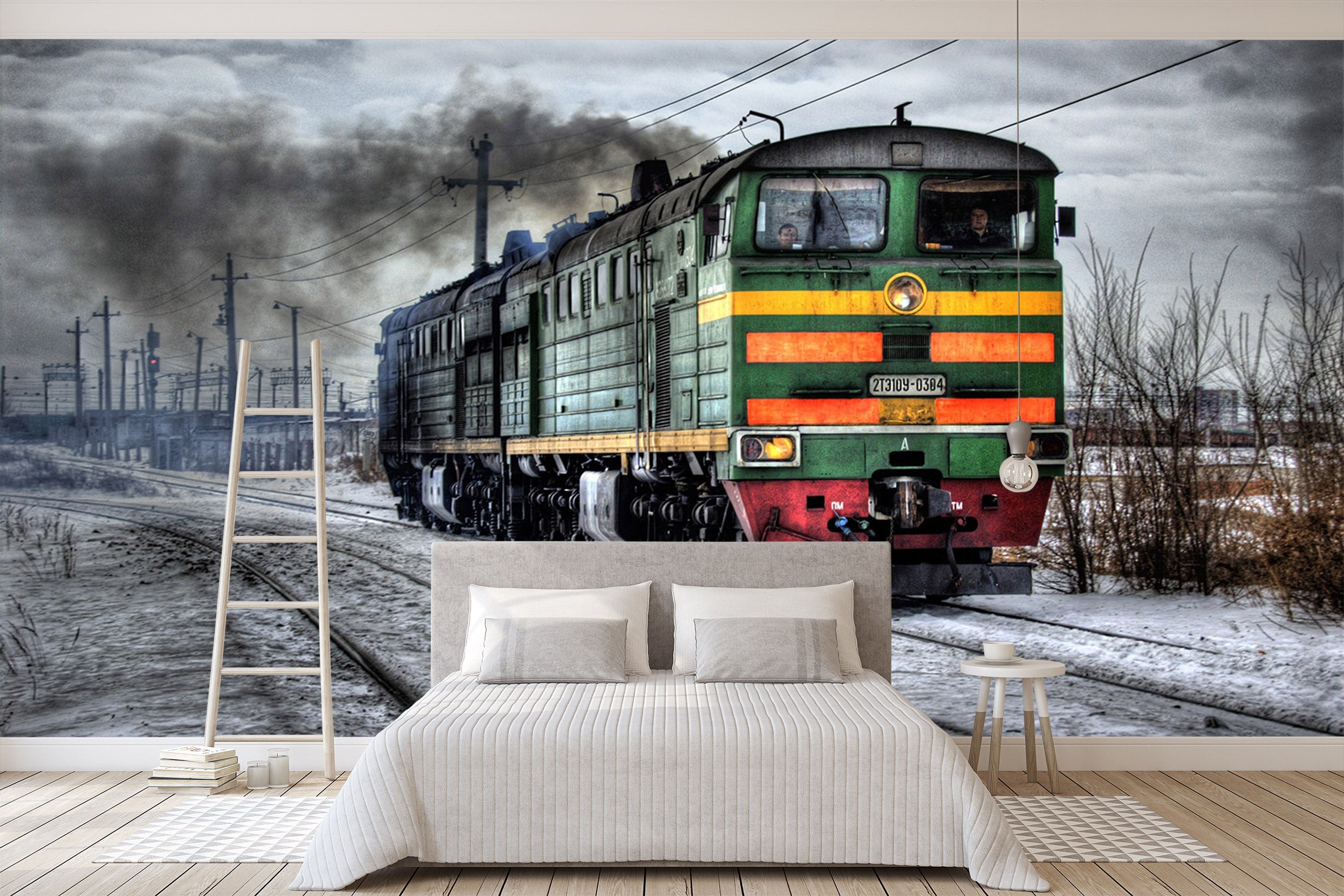 3D Green Train Snow 041 Vehicle Wall Murals