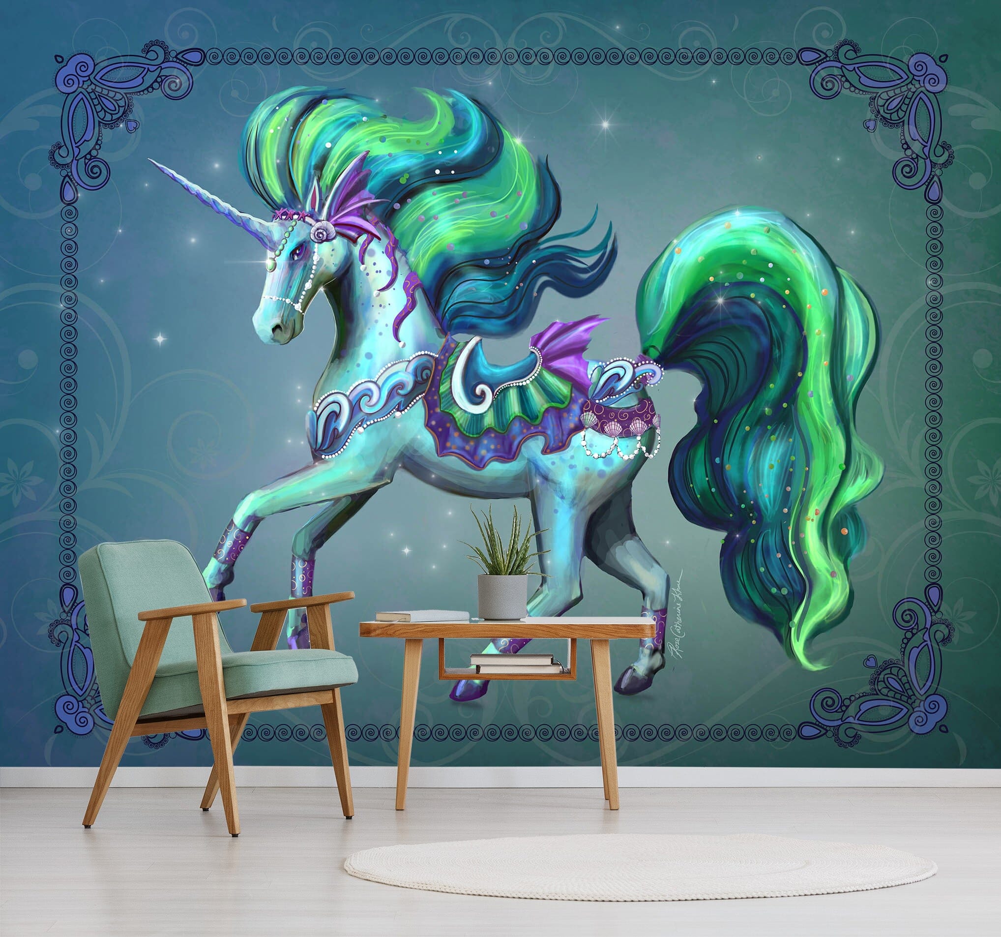 3D Green Unicorn 1415 Rose Catherine Khan Wall Mural Wall Murals Wallpaper AJ Wallpaper 2 
