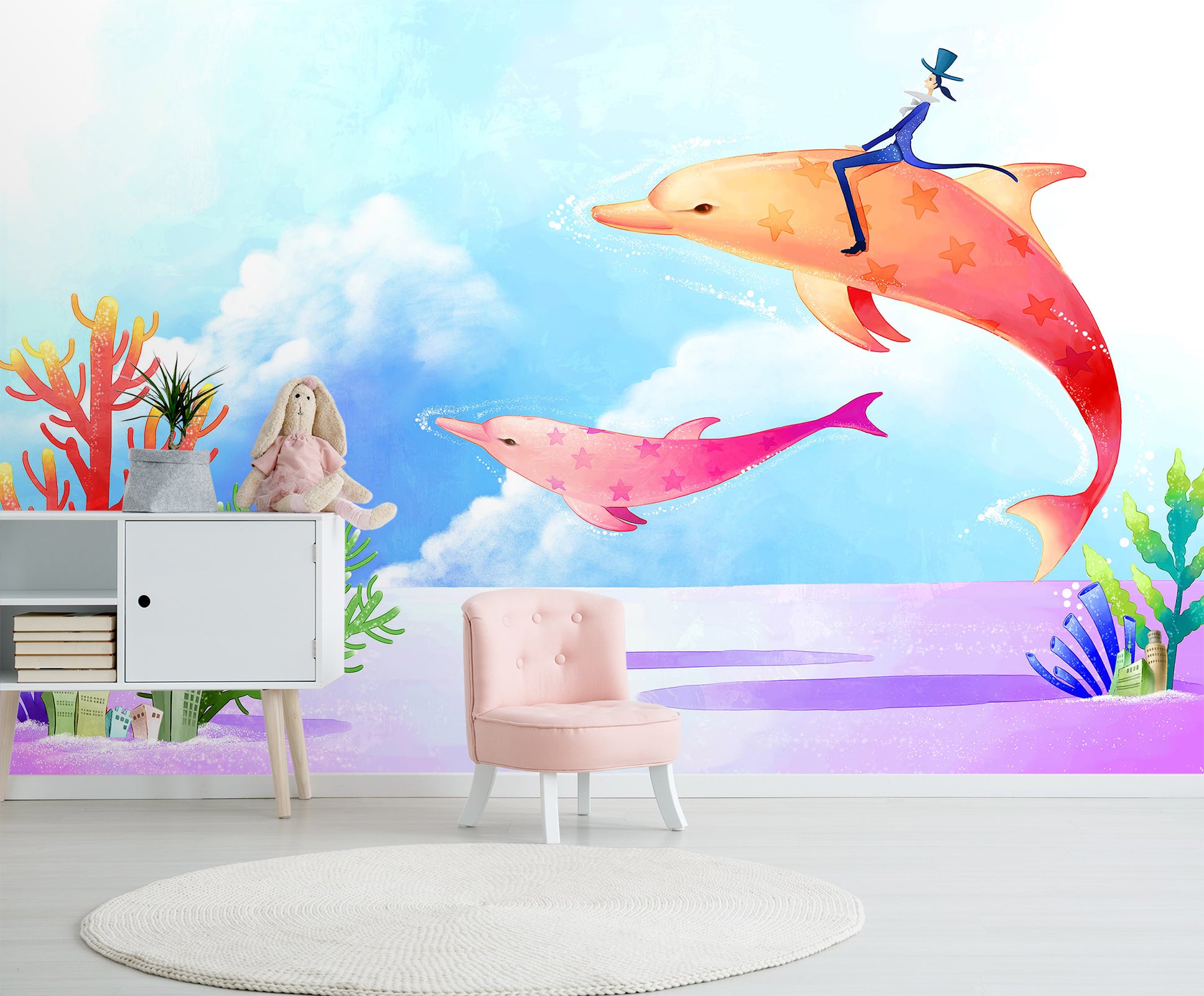 3D Orange Dolphin 1726 Wall Murals
