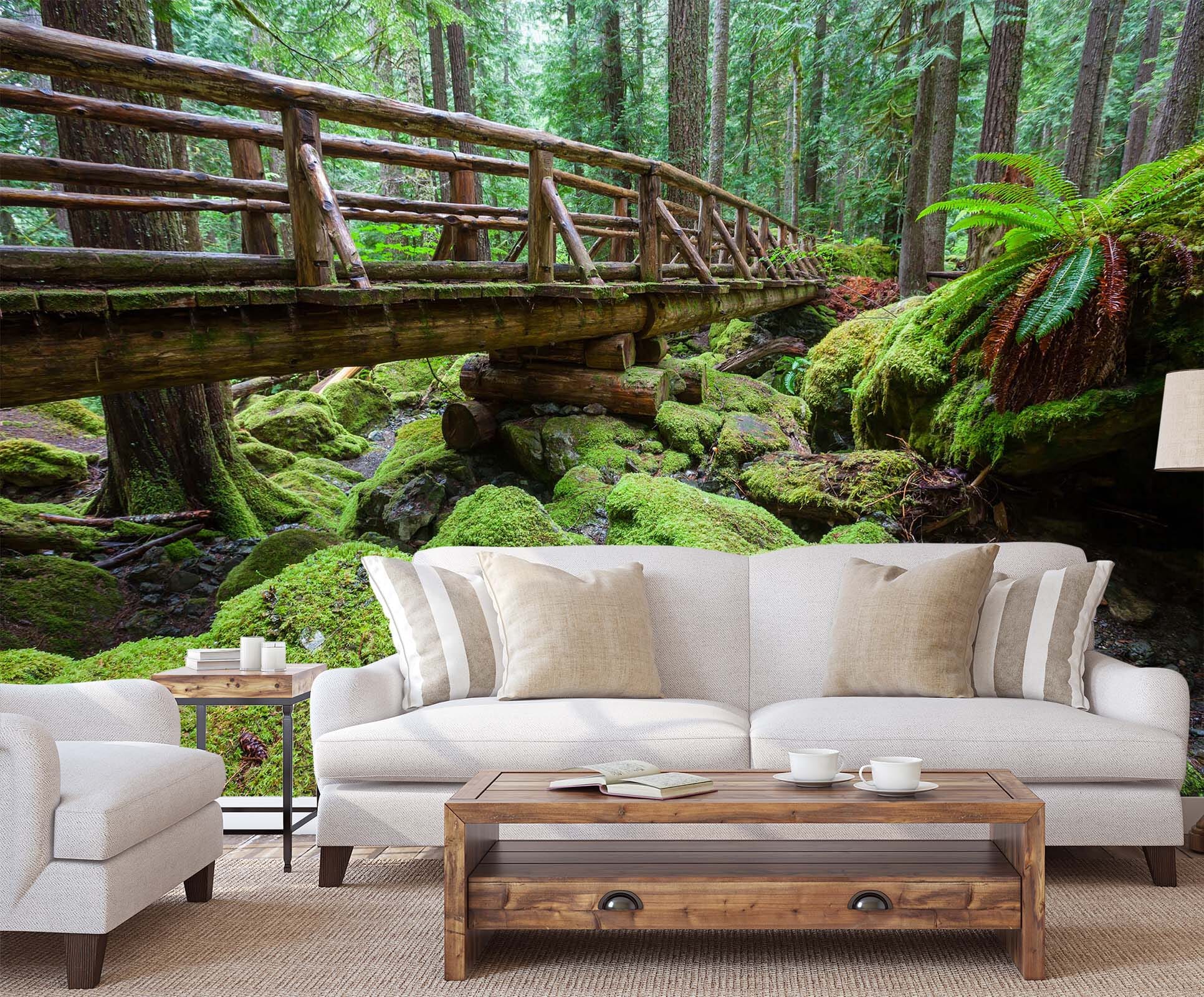 3D Green Wooden Bridge Stone 023 Wall Murals Wallpaper AJ Wallpaper 2 