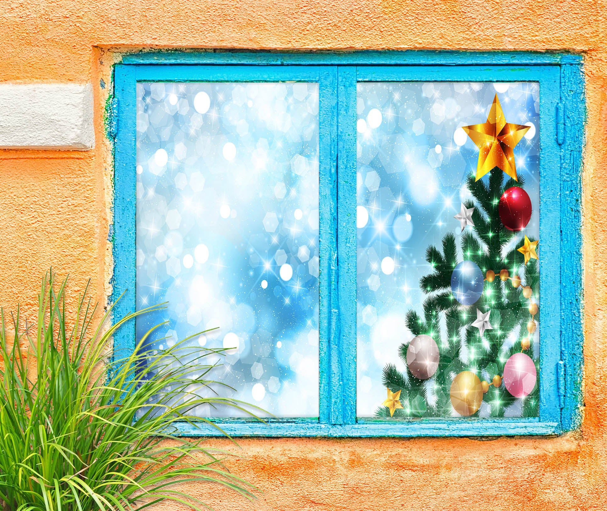 3D Christmas Tree Blue Aperture 43104 Christmas Window Film Print Sticker Cling Stained Glass Xmas