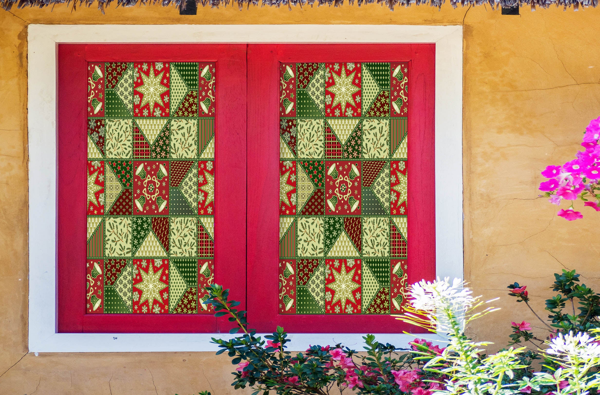 3D Red Green Pattern 43007 Christmas Window Film Print Sticker Cling Stained Glass Xmas