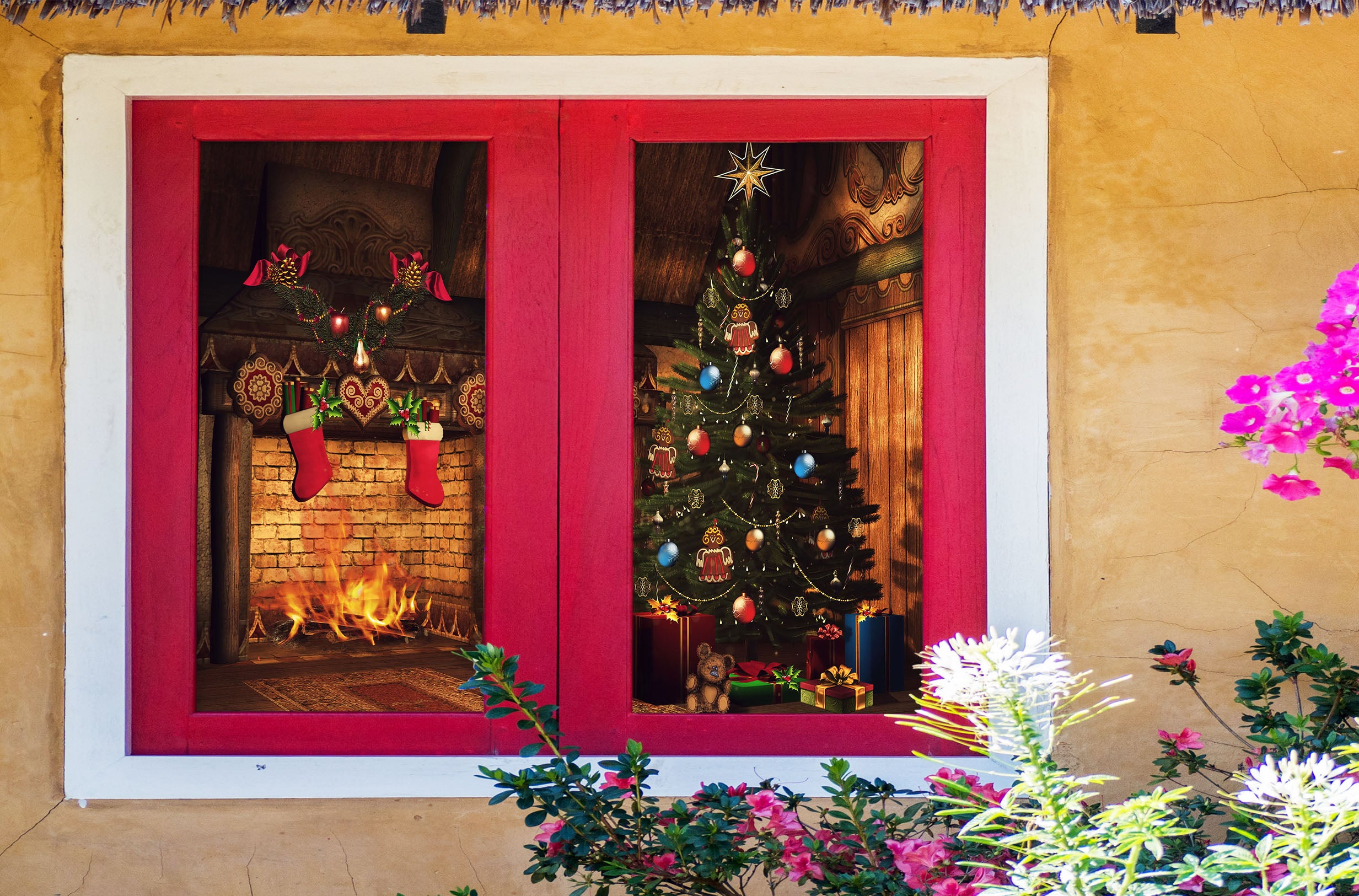 3D Fireplace Christmas Tree 43096 Christmas Window Film Print Sticker Cling Stained Glass Xmas