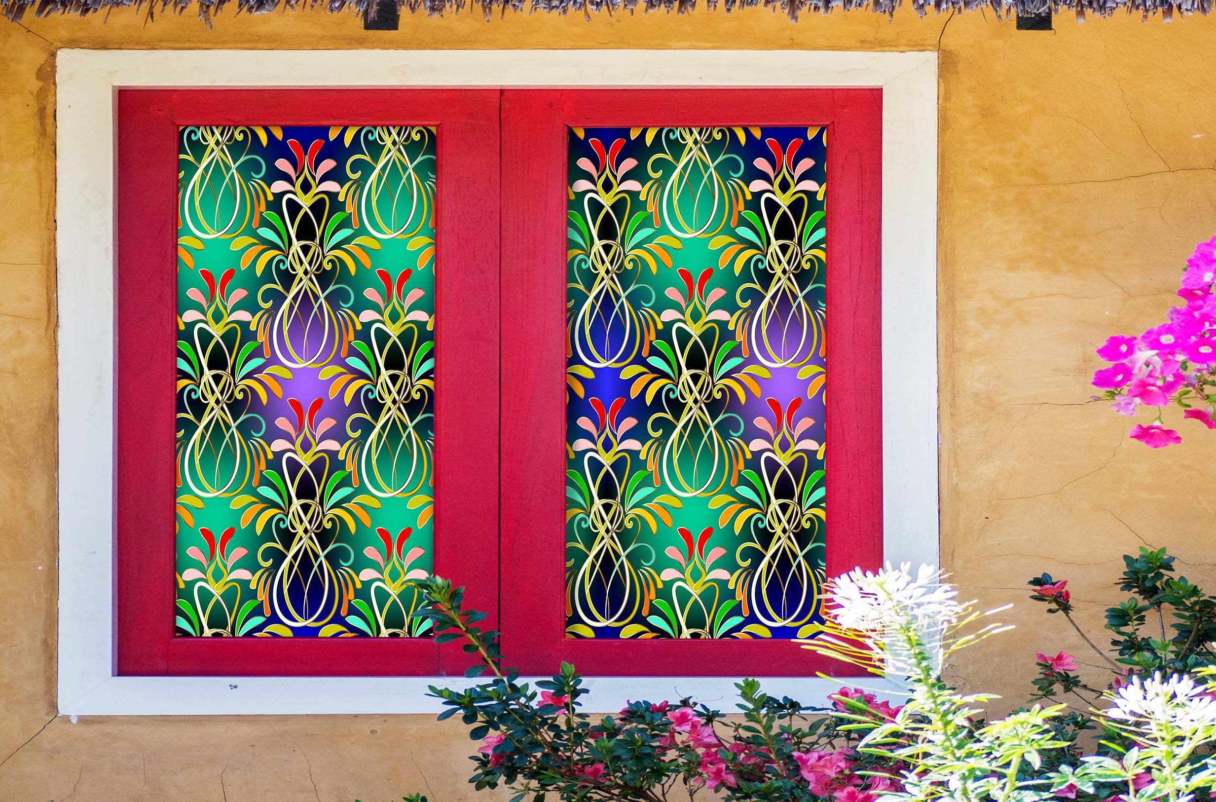 3D Green Flower Pattern 439 Window Film Print Sticker Cling Stained Glass UV Block