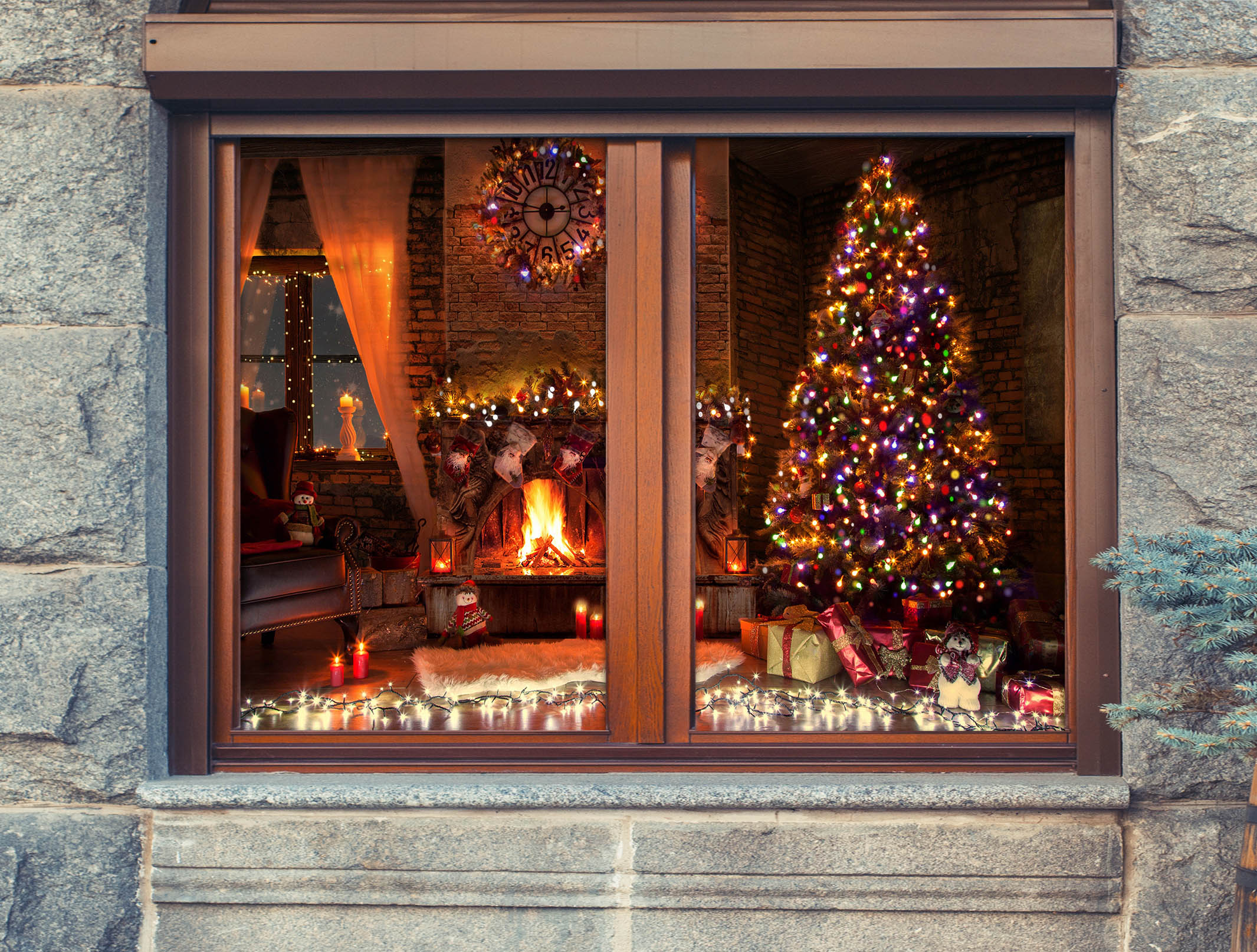 3D Color String Lights Christmas Tree 43051 Christmas Window Film Print Sticker Cling Stained Glass Xmas