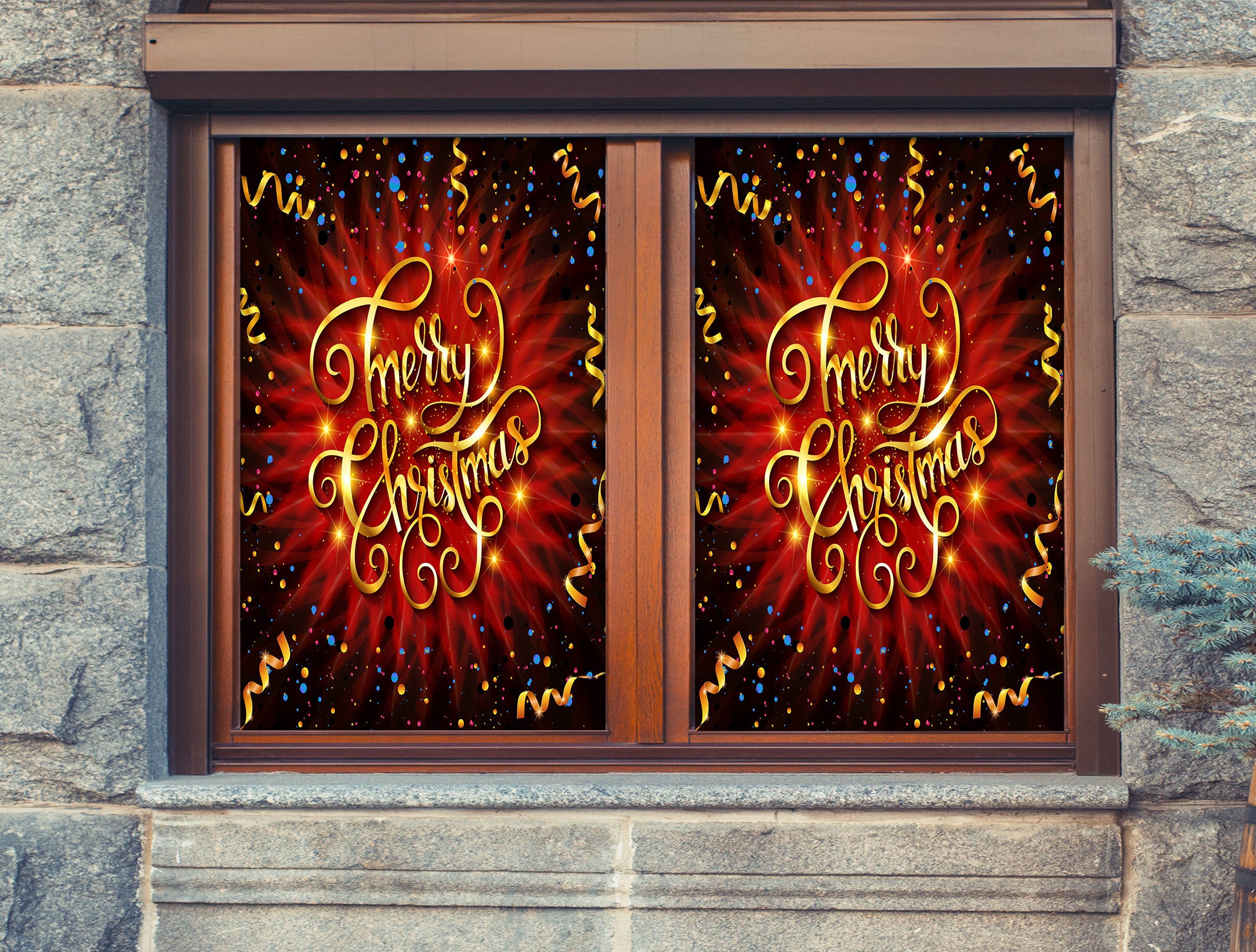 3D Merry Christmas 43155 Christmas Window Film Print Sticker Cling Stained Glass Xmas