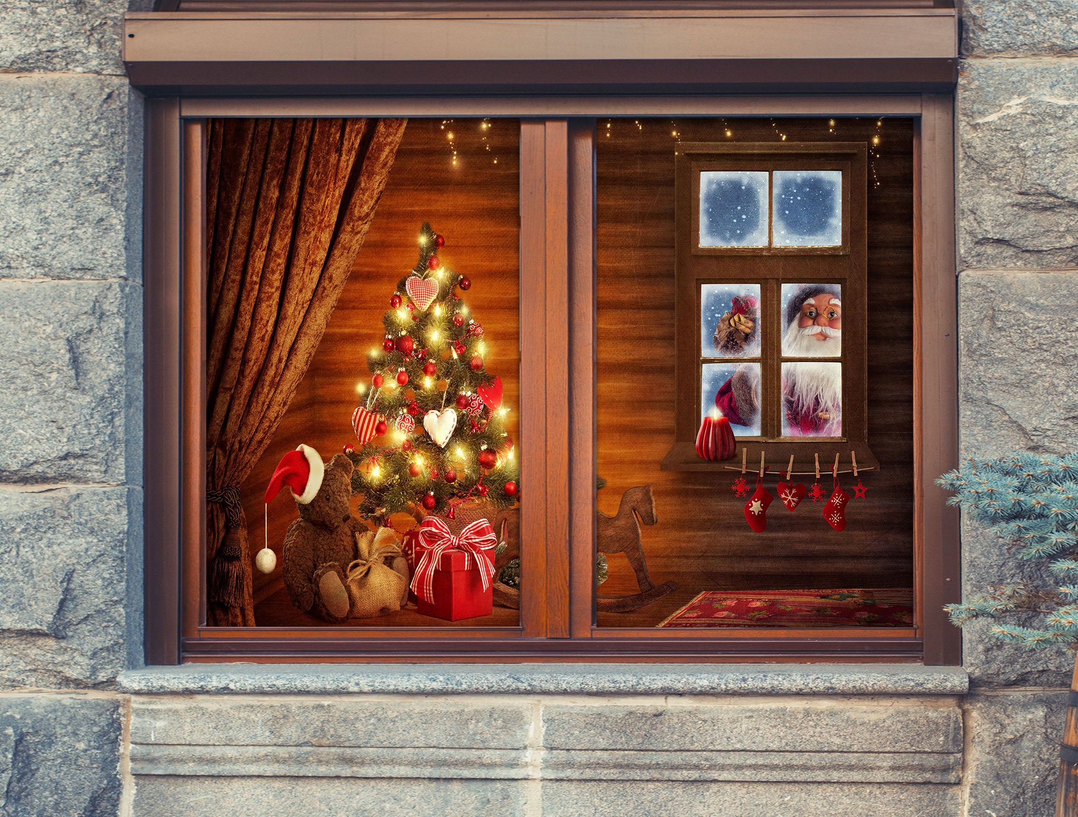 3D Wooden House Santa 42167 Christmas Window Film Print Sticker Cling Stained Glass Xmas