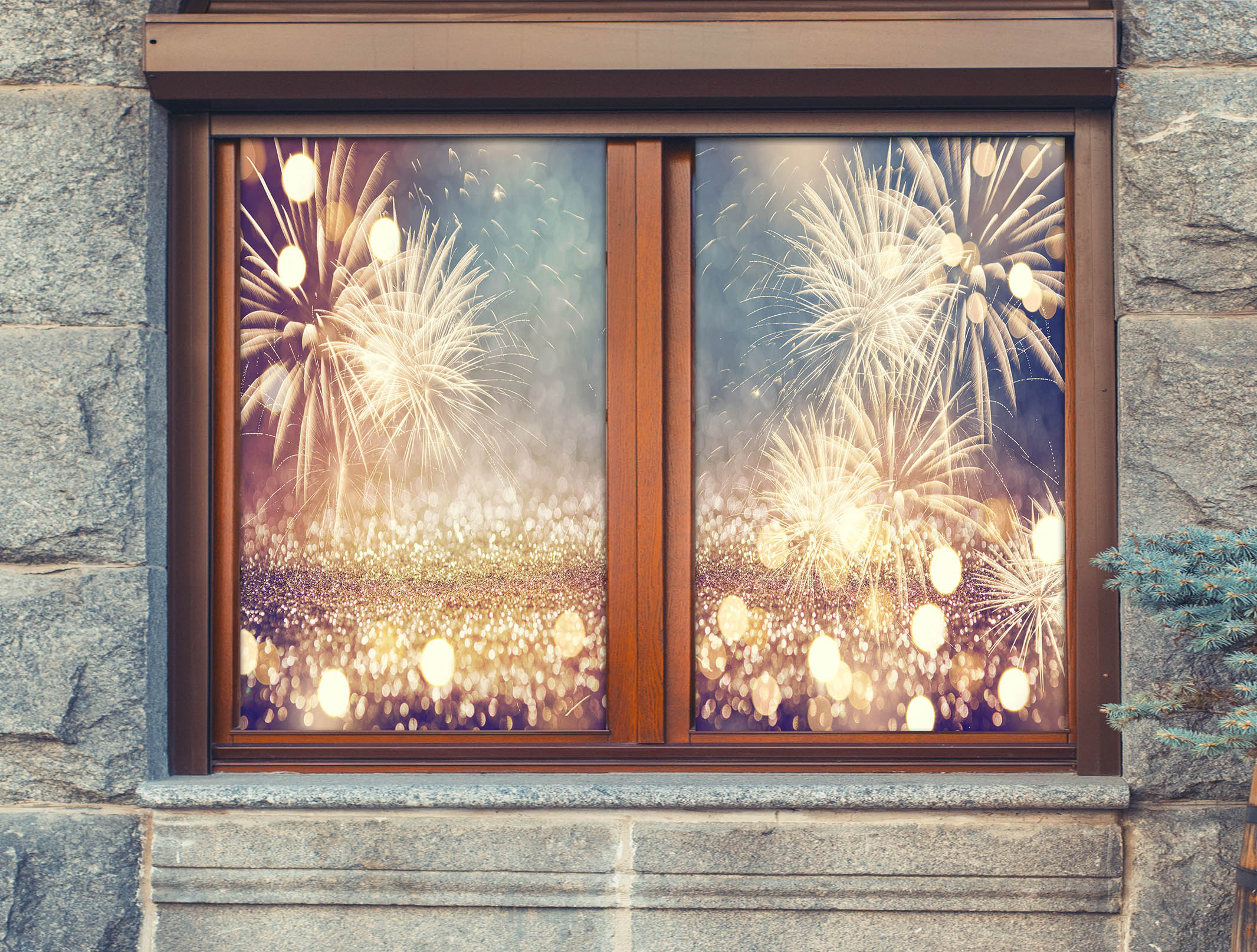 3D Fireworks 43115 Christmas Window Film Print Sticker Cling Stained Glass Xmas