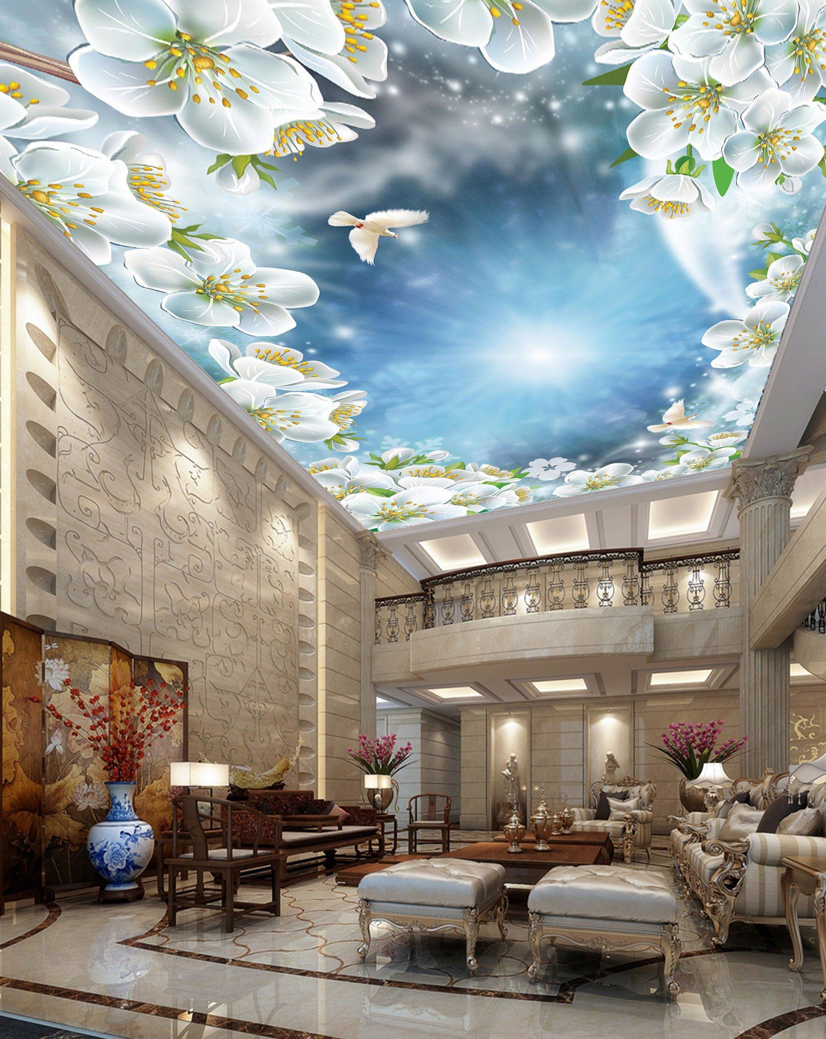 Blue Sky Flowers Birds Wallpaper AJ Wallpaper 