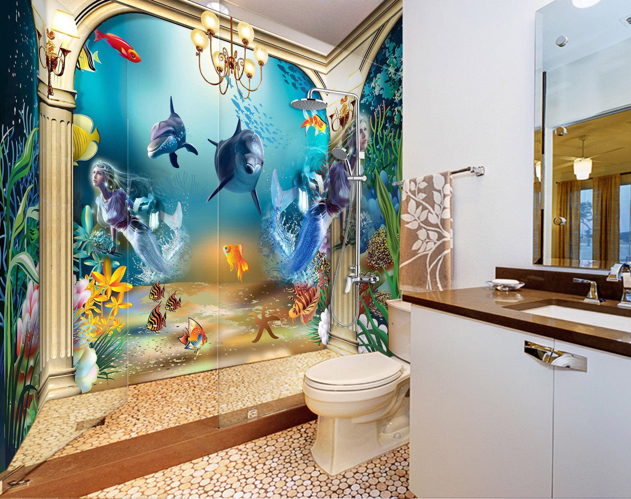 3D Ocean Mermaid Palace 7 Bathroom Wallpaper Wallpaper AJ Wallpaper 