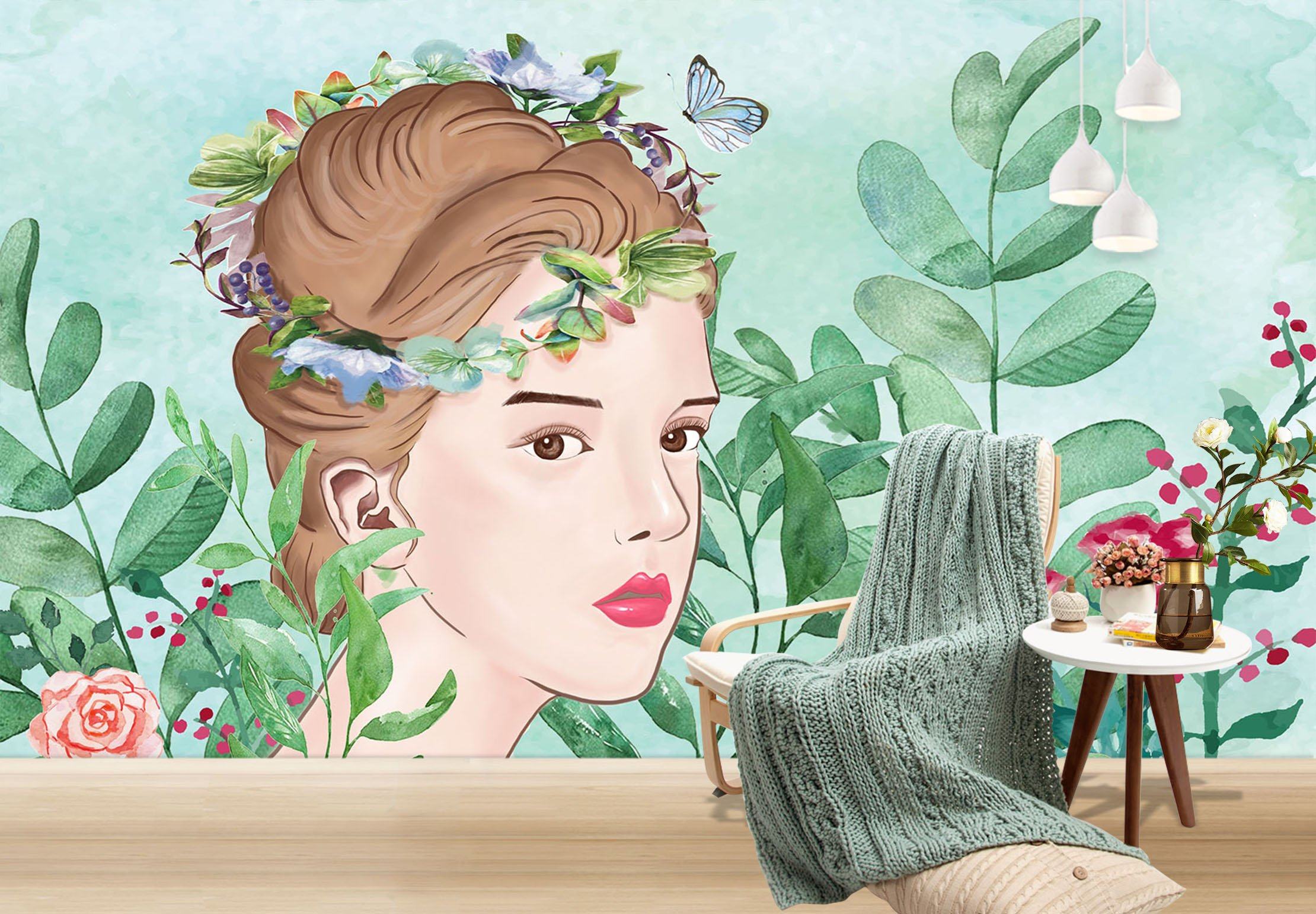 3D Woman Wreath Butterfly 459 Wallpaper AJ Wallpaper 2 